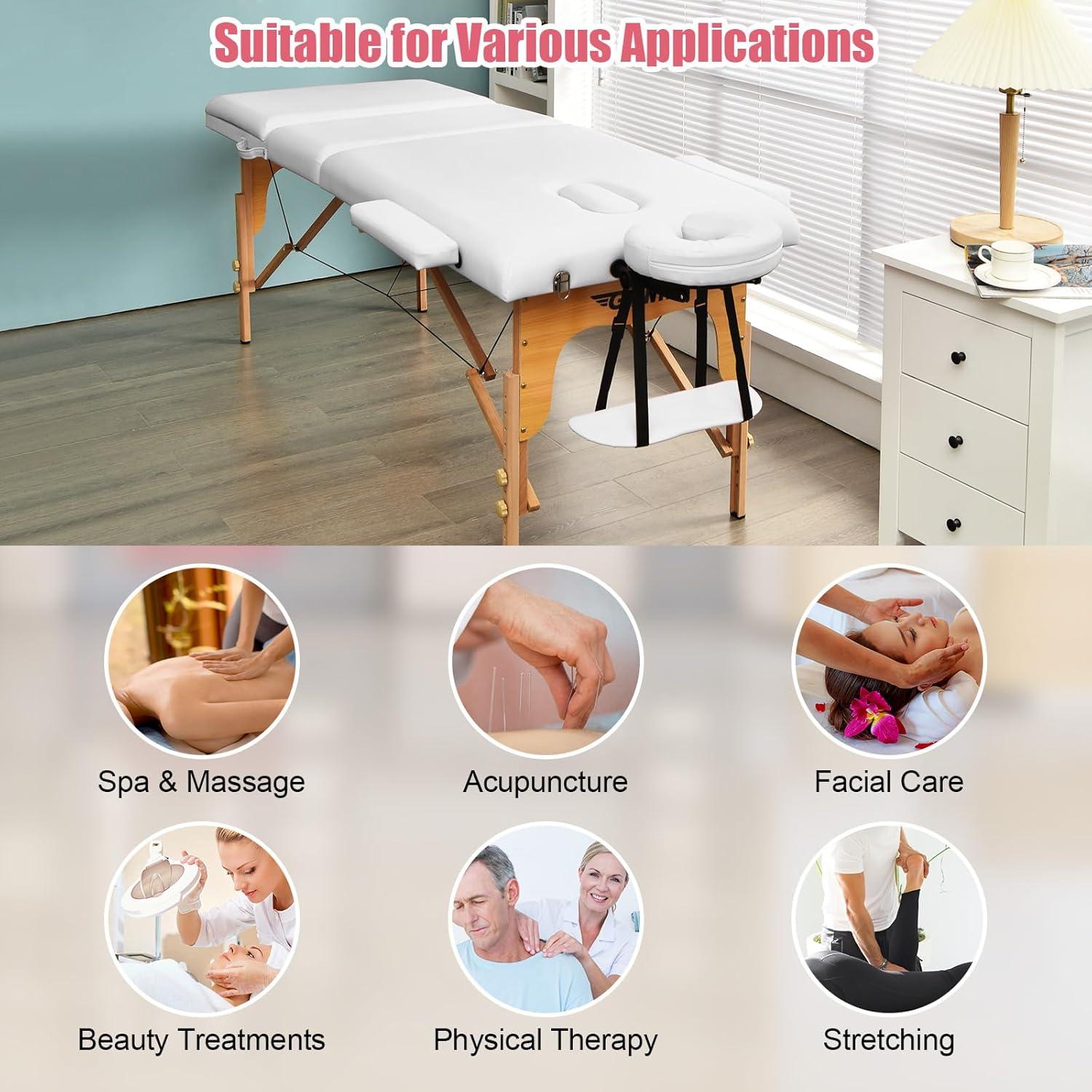 image:imageGiantex 84inch Folding Massage Table Lash Bed Portable 3 Sections Spa Salon Tattoo Bed with Face Cradle Armrests Wooden Legs Professional Massage Bed Height Adjustable with Carry Case BlackWhite