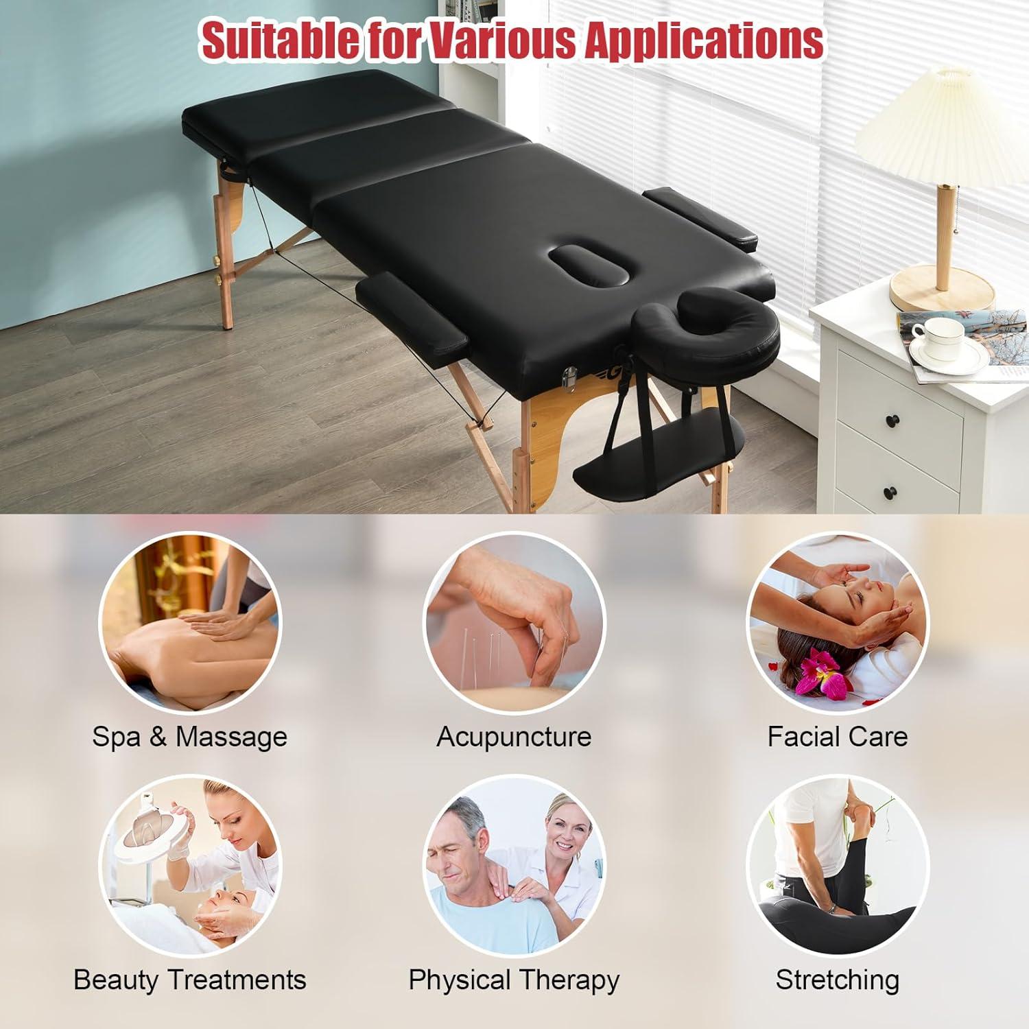 image:imageGiantex 84inch Folding Massage Table Lash Bed Portable 3 Sections Spa Salon Tattoo Bed with Face Cradle Armrests Wooden Legs Professional Massage Bed Height Adjustable with Carry Case BlackBlack