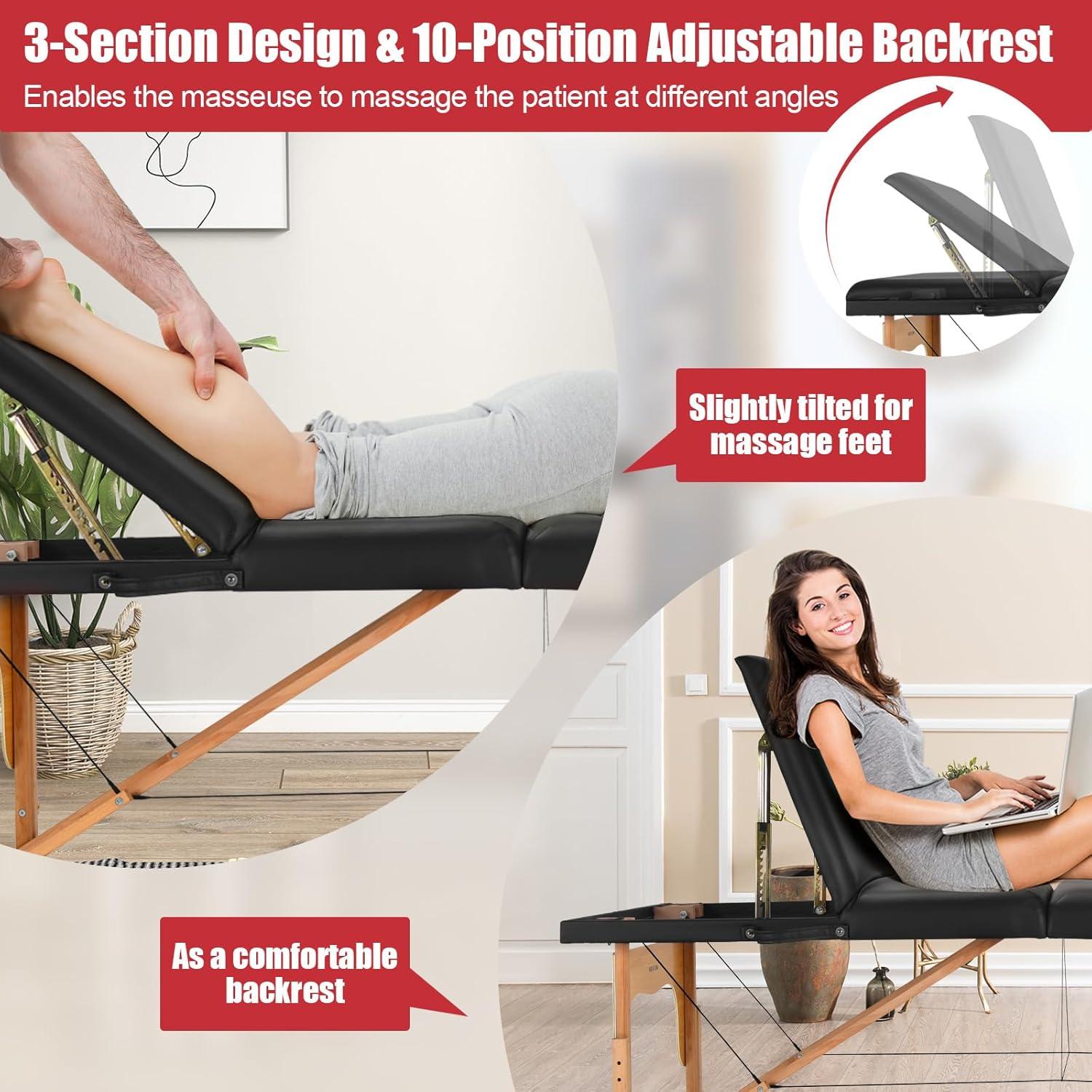 image:imageGiantex 84inch Folding Massage Table Lash Bed Portable 3 Sections Spa Salon Tattoo Bed with Face Cradle Armrests Wooden Legs Professional Massage Bed Height Adjustable with Carry Case BlackBlack