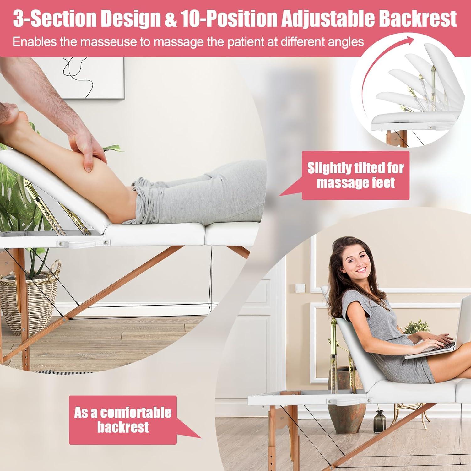 image:imageGiantex 84inch Folding Massage Table Lash Bed Portable 3 Sections Spa Salon Tattoo Bed with Face Cradle Armrests Wooden Legs Professional Massage Bed Height Adjustable with Carry Case BlackWhite