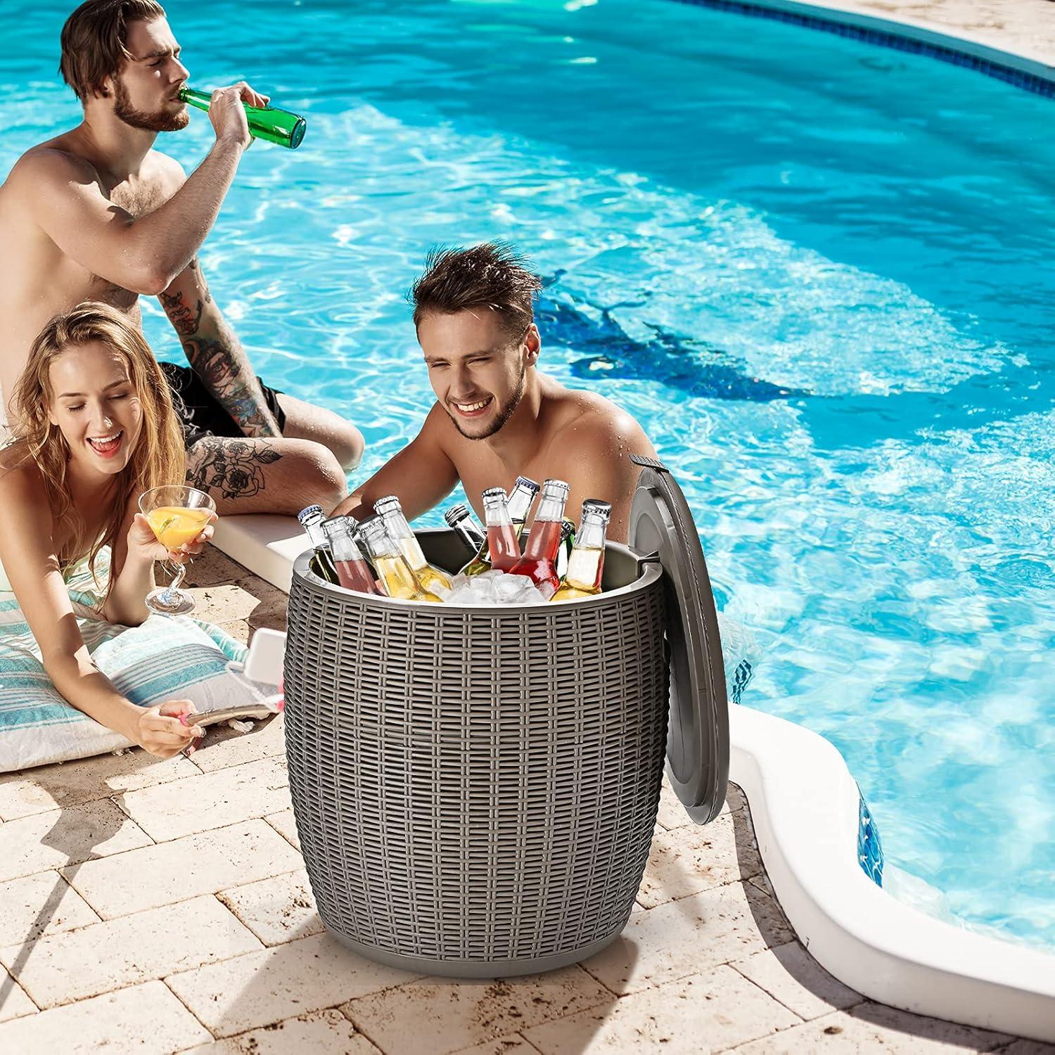 image:imageGiantex 95 Gallon Ice Cooler Wicker Round Ice Chest Outdoor Beer Wine Ice Bucket Top Lid Side Handles Drainage Plug Weatherresistant Patio Cool Bar Table for Cocktail Party Poolside DeckTaupe