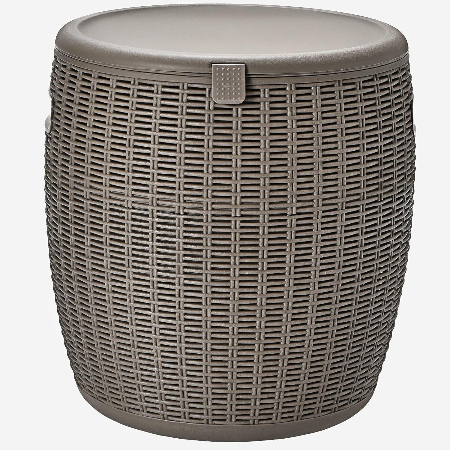 image:imageGiantex 95 Gallon Ice Cooler Wicker Round Ice Chest Outdoor Beer Wine Ice Bucket Top Lid Side Handles Drainage Plug Weatherresistant Patio Cool Bar Table for Cocktail Party Poolside DeckTaupe