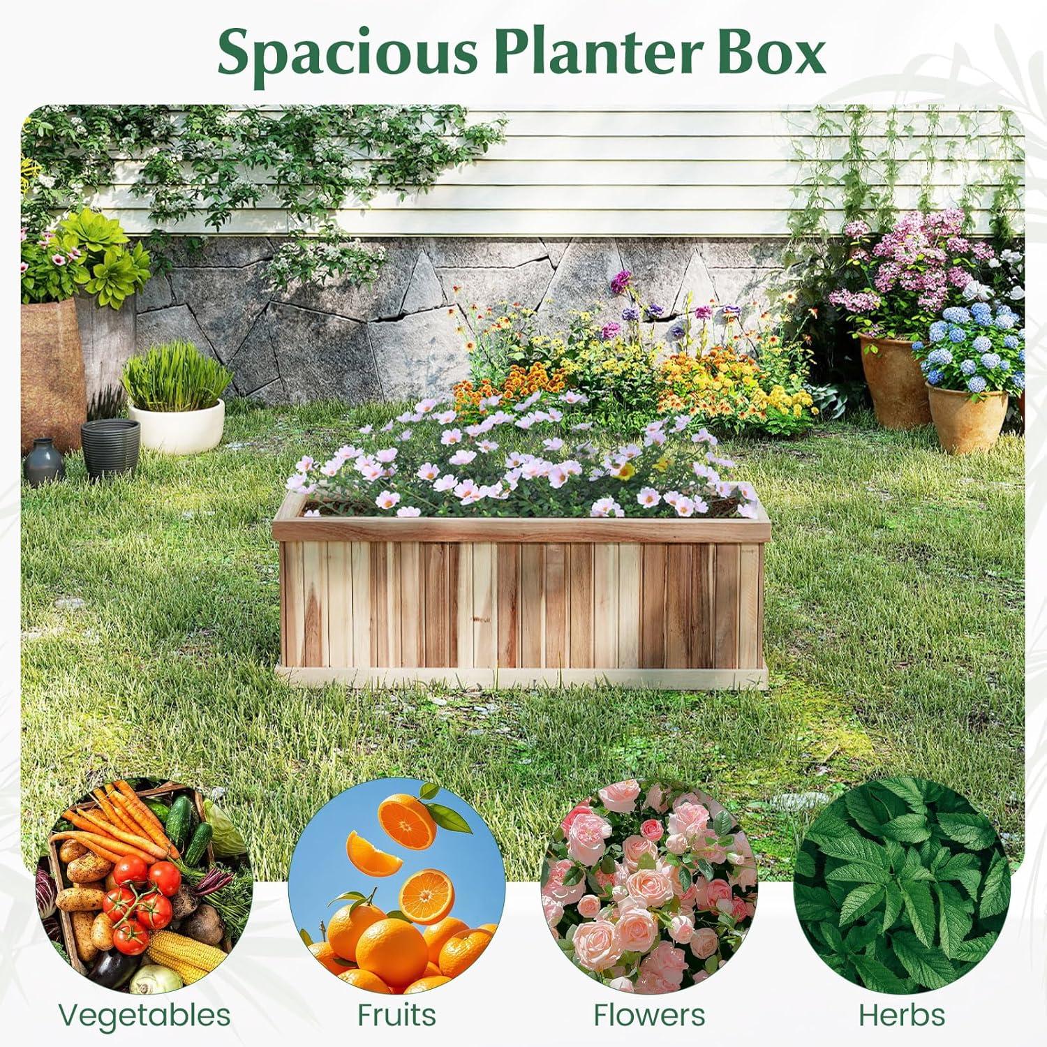image:imageGiantex Acacia Wood Raised Garden Bed Rectangular Planter Box wDrainage Gaps Floor Standing Window Mount for Flower Vegetable Herb Fruit Outdoor Plant Container for Backyard Lawn 36x12x12Natural