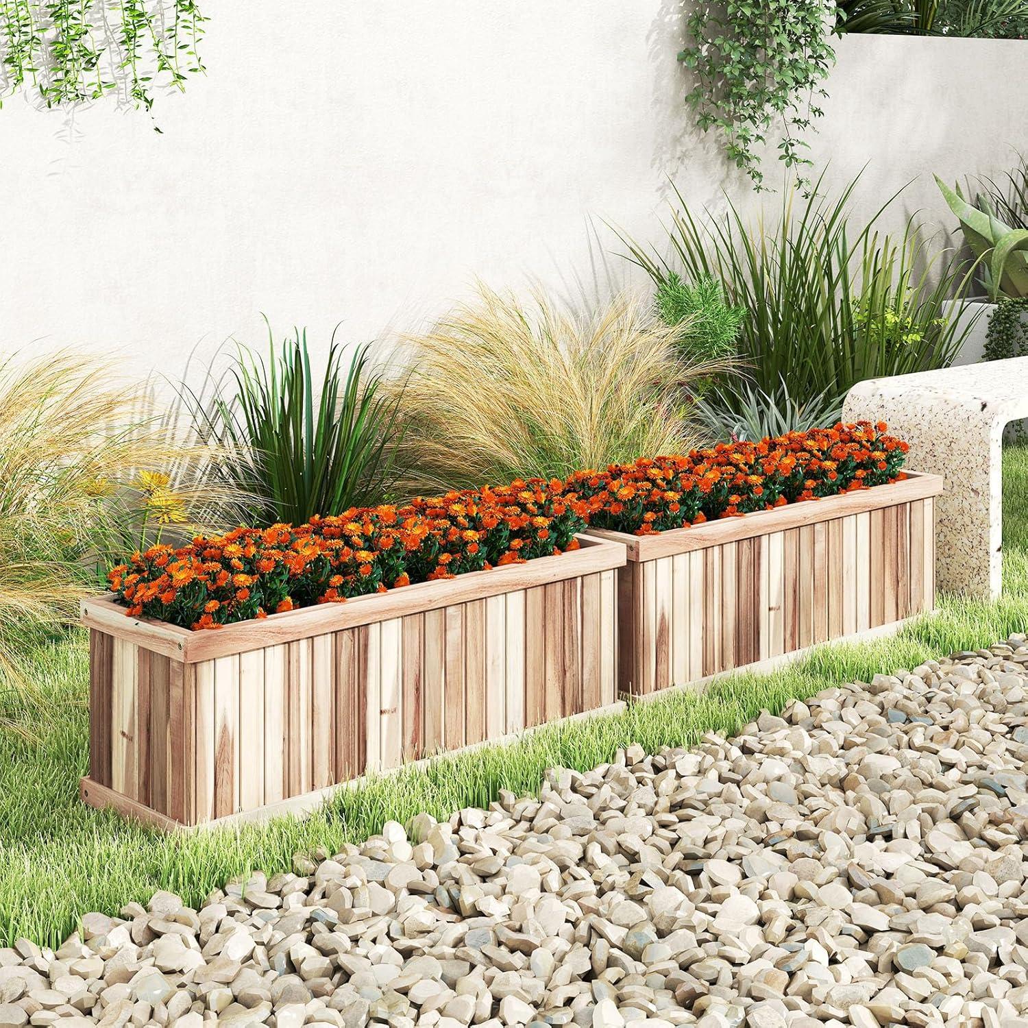 image:imageGiantex Acacia Wood Raised Garden Bed Rectangular Planter Box wDrainage Gaps Floor Standing Window Mount for Flower Vegetable Herb Fruit Outdoor Plant Container for Backyard Lawn 36x12x12Natural