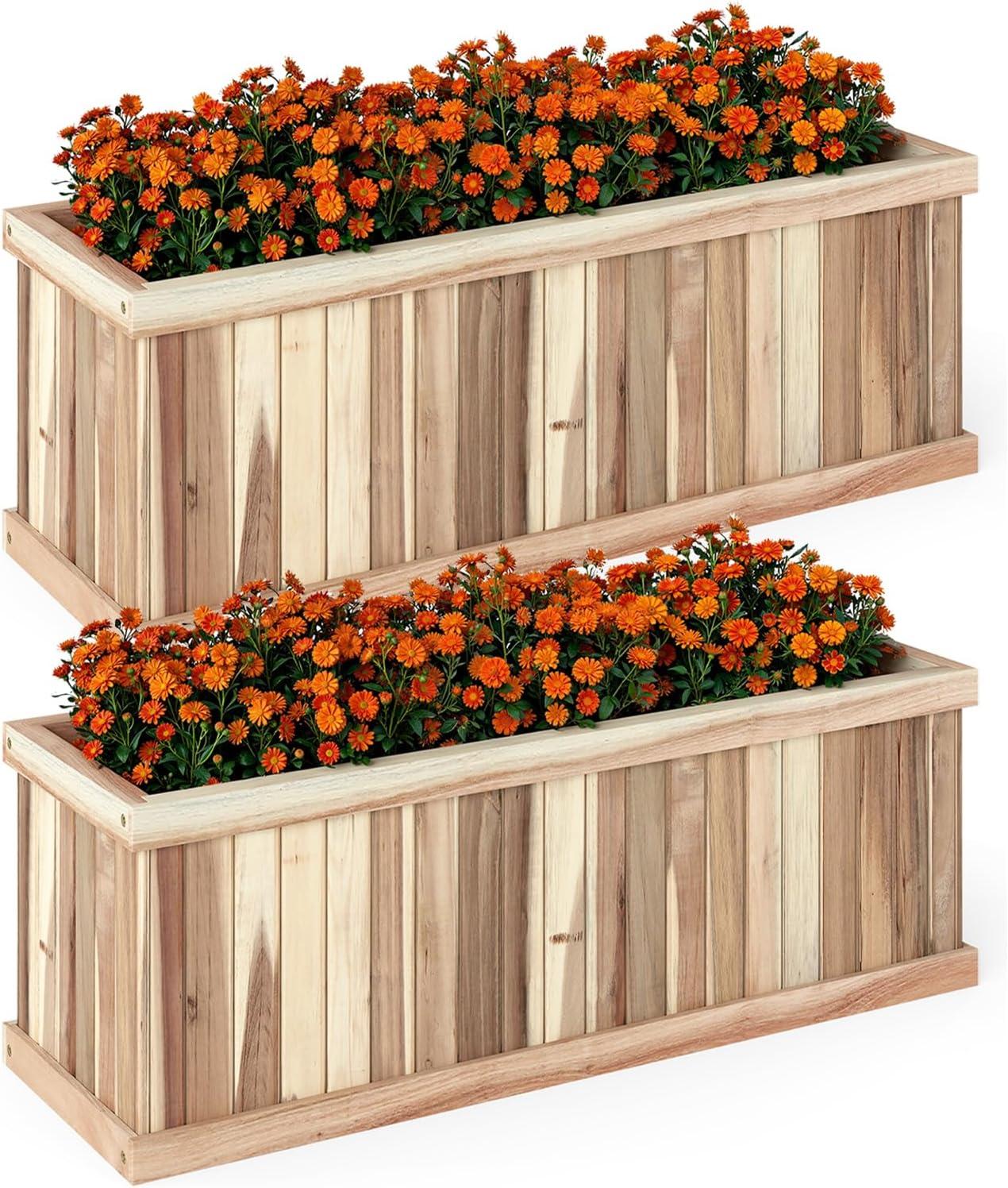 image:imageGiantex Acacia Wood Raised Garden Bed Rectangular Planter Box wDrainage Gaps Floor Standing Window Mount for Flower Vegetable Herb Fruit Outdoor Plant Container for Backyard Lawn 36x12x12Natural