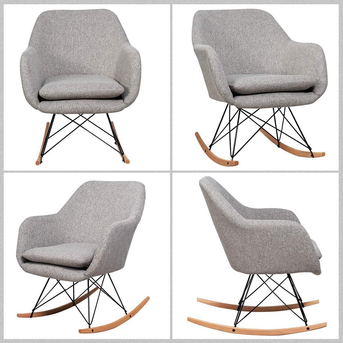 image:imageGiantex Accent Rocking Chair with Cushion Upholstered Rocking Arm Chair wSolid Steel Wood Leg Modern Rocker Chair for Balcony Bedroom 1 Grey