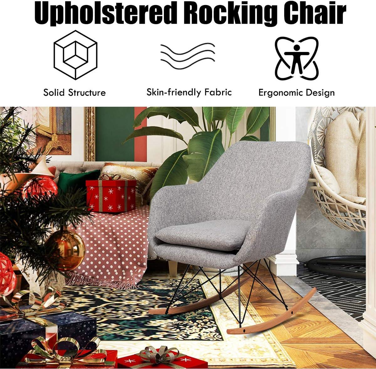 image:imageGiantex Accent Rocking Chair with Cushion Upholstered Rocking Arm Chair wSolid Steel Wood Leg Modern Rocker Chair for Balcony Bedroom 1 Grey