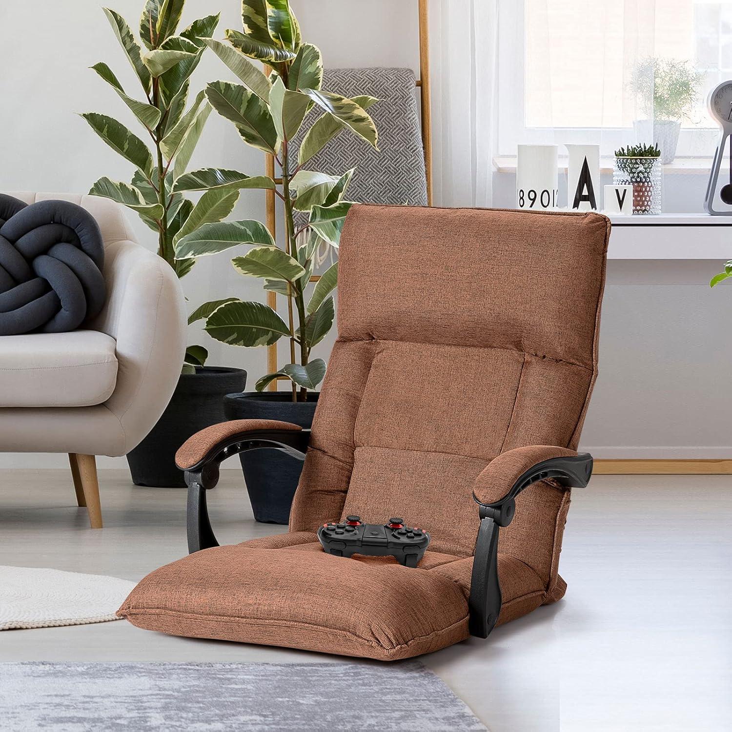 image:imageGiantex Adjustable Floor Chair Lazy Sofa Chair 14Position Adjusting Backrest Headrest Waist Pillow Floor Seating with Armrests Padded Comfy Recliner for Home Living Room Bedroom Brown