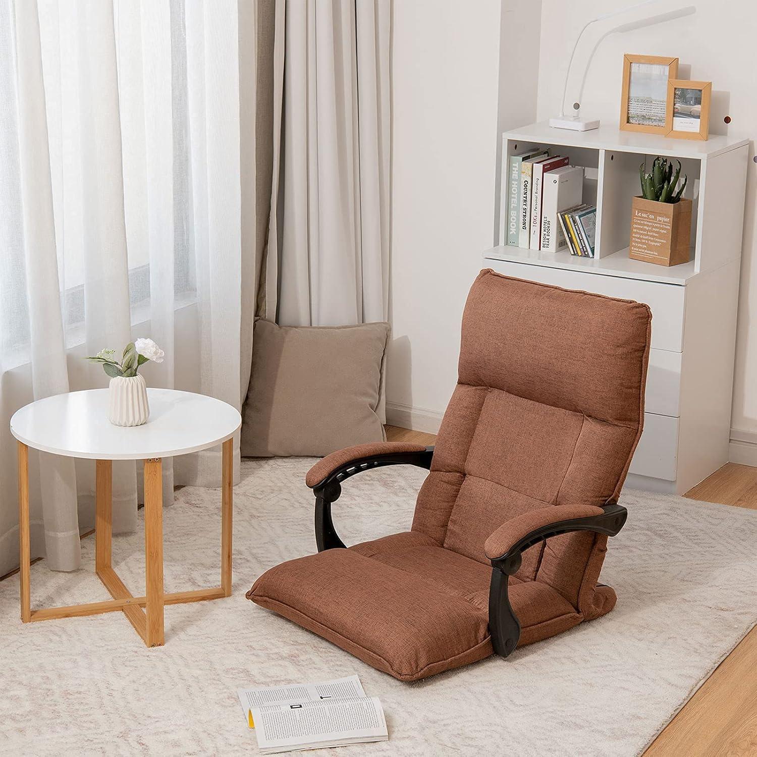 image:imageGiantex Adjustable Floor Chair Lazy Sofa Chair 14Position Adjusting Backrest Headrest Waist Pillow Floor Seating with Armrests Padded Comfy Recliner for Home Living Room Bedroom Brown