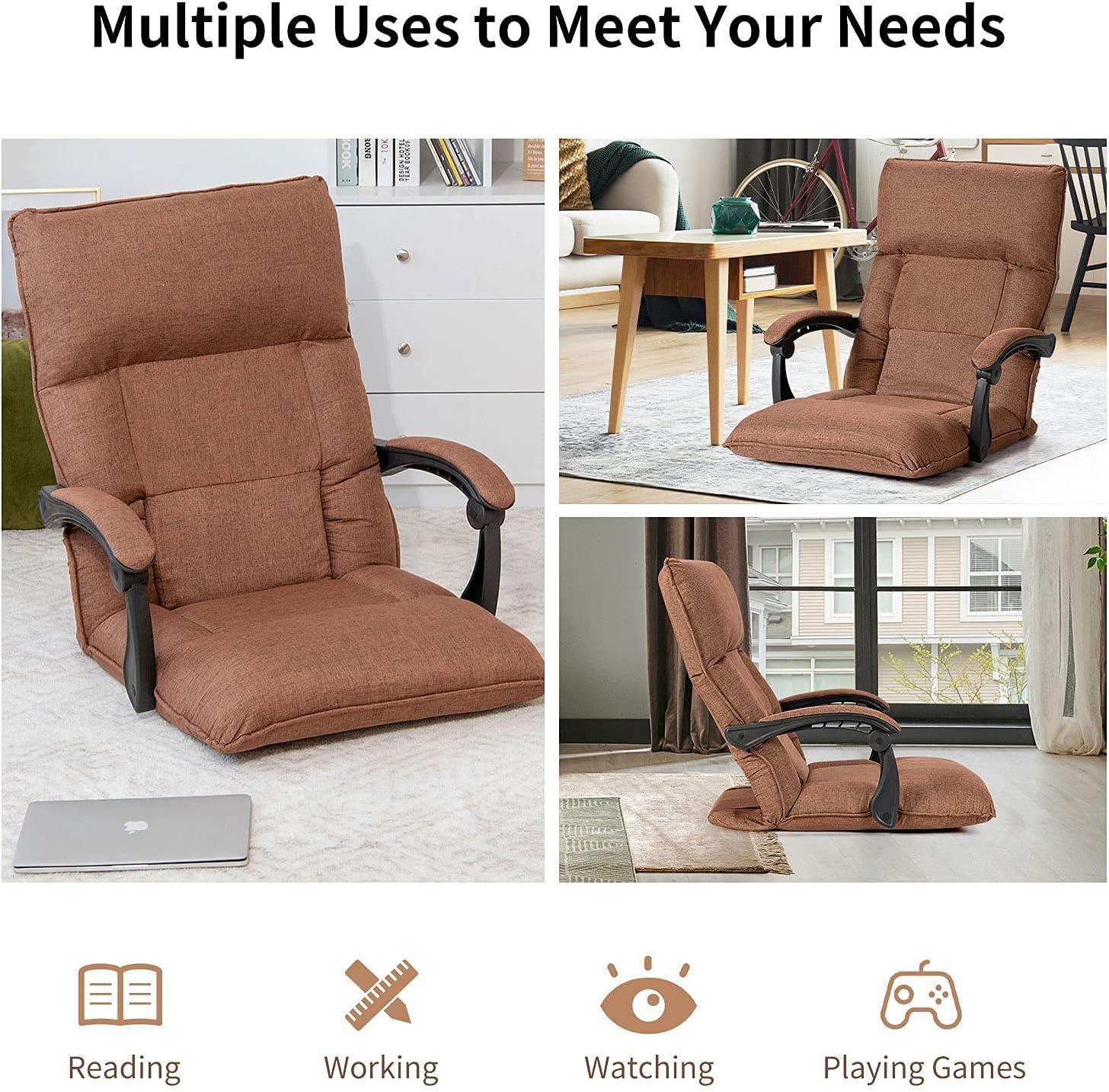 image:imageGiantex Adjustable Floor Chair Lazy Sofa Chair 14Position Adjusting Backrest Headrest Waist Pillow Floor Seating with Armrests Padded Comfy Recliner for Home Living Room Bedroom Brown