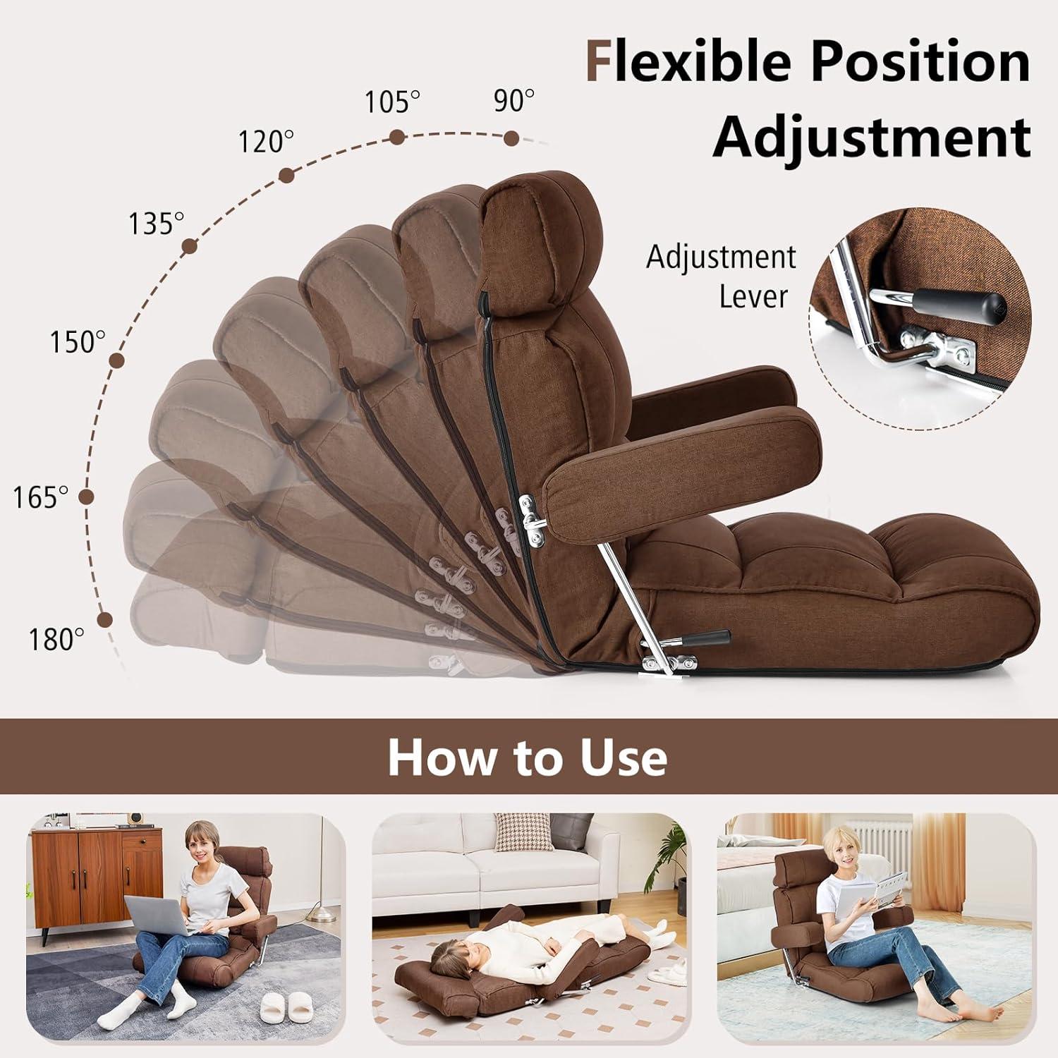 image:imageGiantex Adjustable Folding Sofa Chair Lazy Floor Chair with Infinitely Adjustable Backrest Extendable Armrest amp Seat Couch Recliner for Meditation Reading Gaming Floor Chairs for Adults GrayBrown
