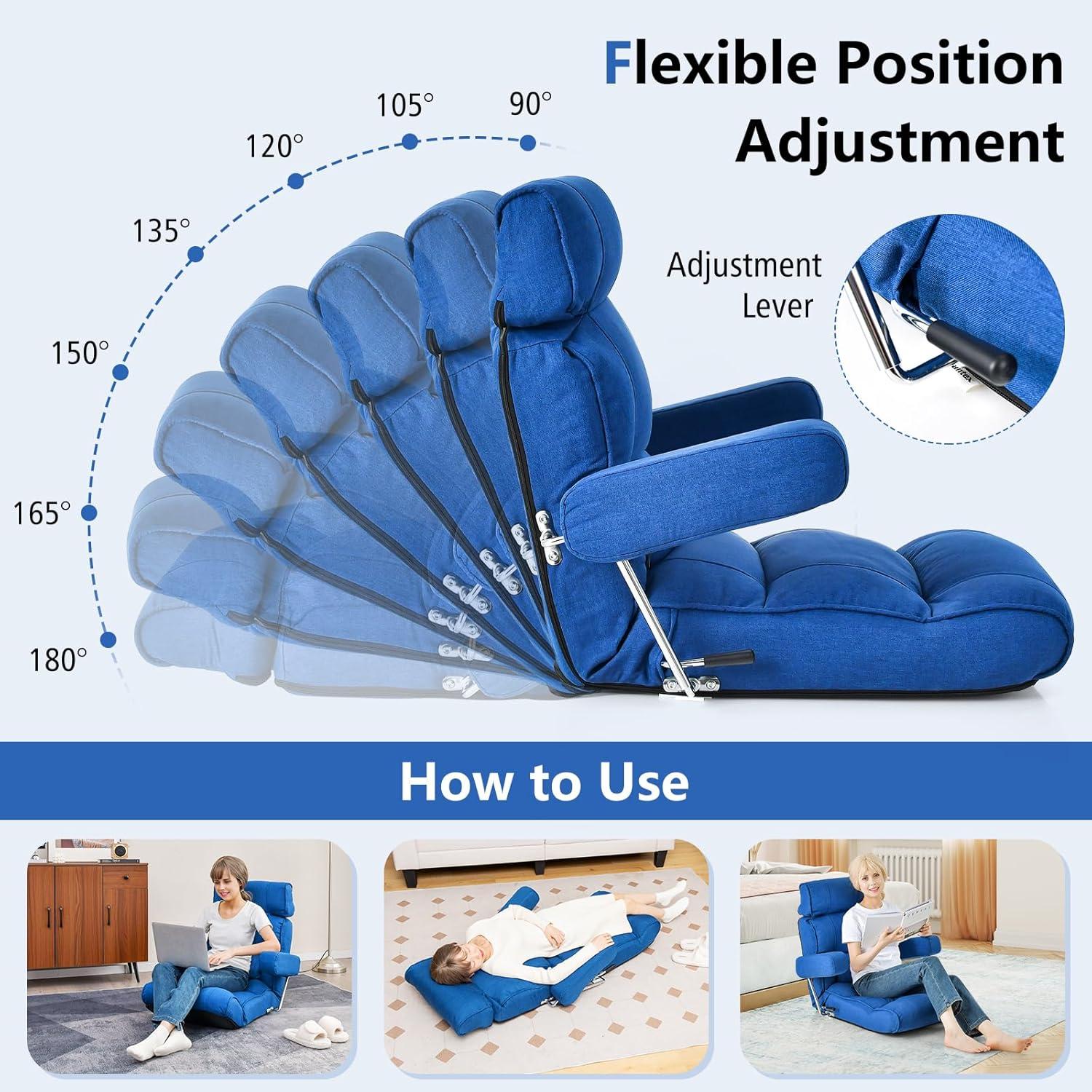 image:imageGiantex Adjustable Folding Sofa Chair Lazy Floor Chair with Infinitely Adjustable Backrest Extendable Armrest amp Seat Couch Recliner for Meditation Reading Gaming Floor Chairs for Adults GrayBlue