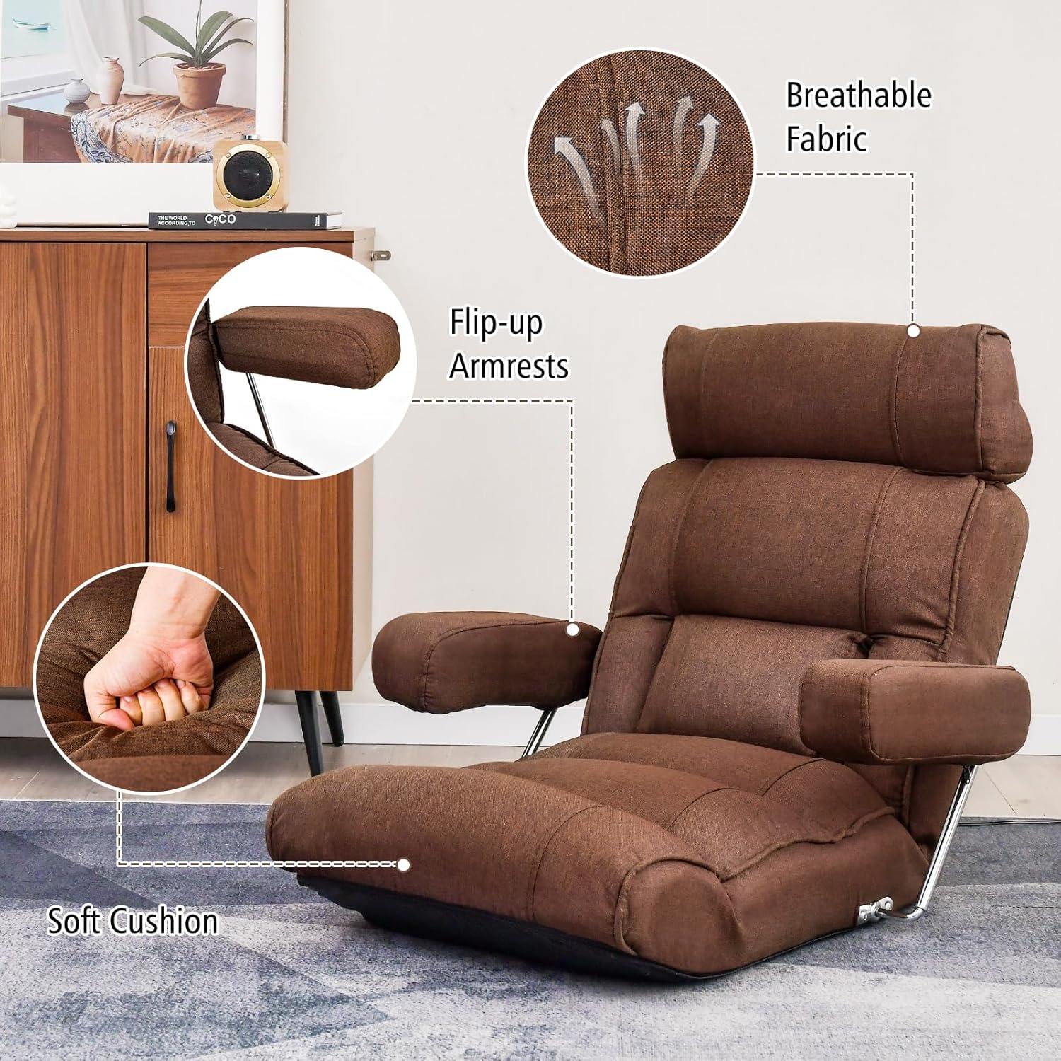 image:imageGiantex Adjustable Folding Sofa Chair Lazy Floor Chair with Infinitely Adjustable Backrest Extendable Armrest amp Seat Couch Recliner for Meditation Reading Gaming Floor Chairs for Adults GrayBrown