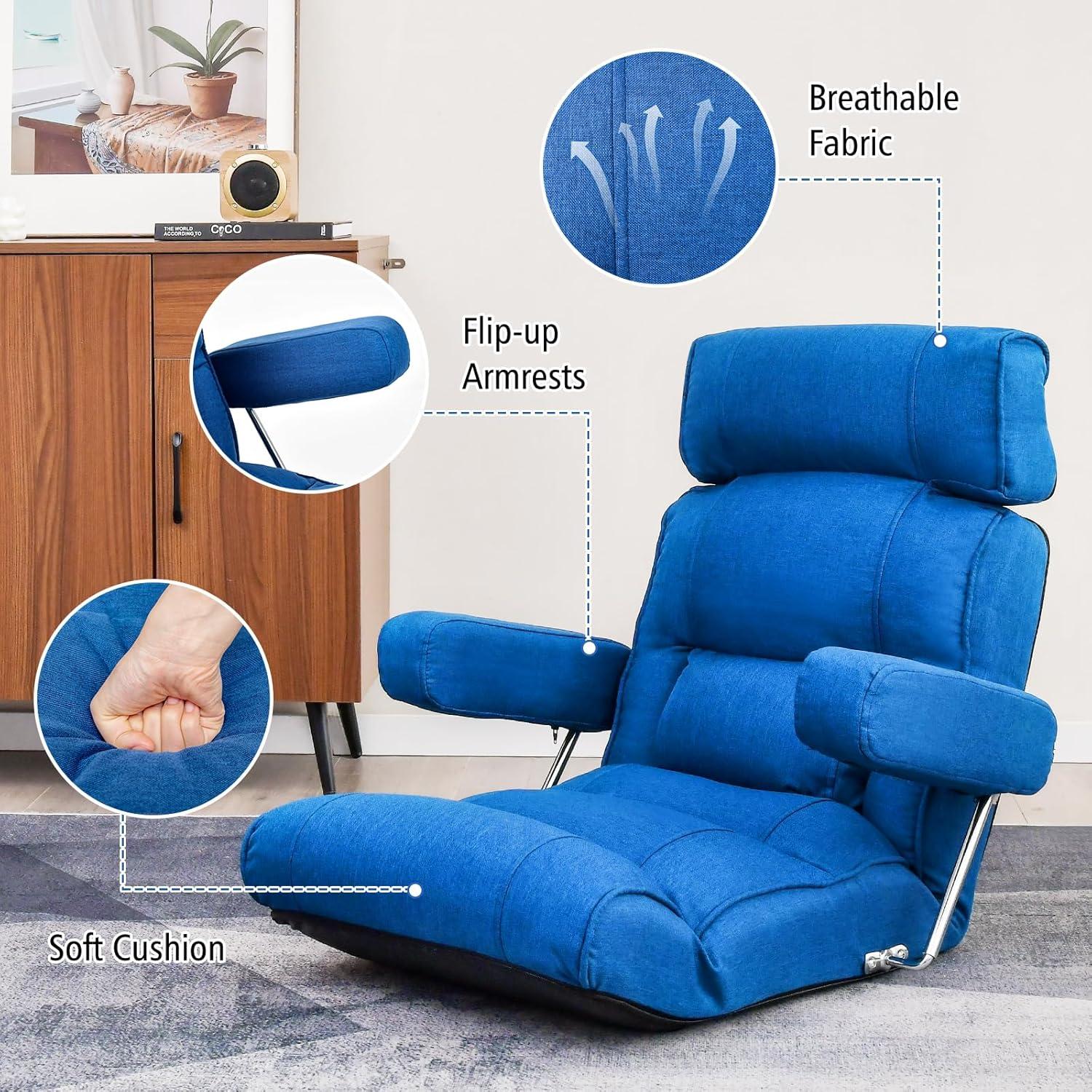 image:imageGiantex Adjustable Folding Sofa Chair Lazy Floor Chair with Infinitely Adjustable Backrest Extendable Armrest amp Seat Couch Recliner for Meditation Reading Gaming Floor Chairs for Adults GrayBlue
