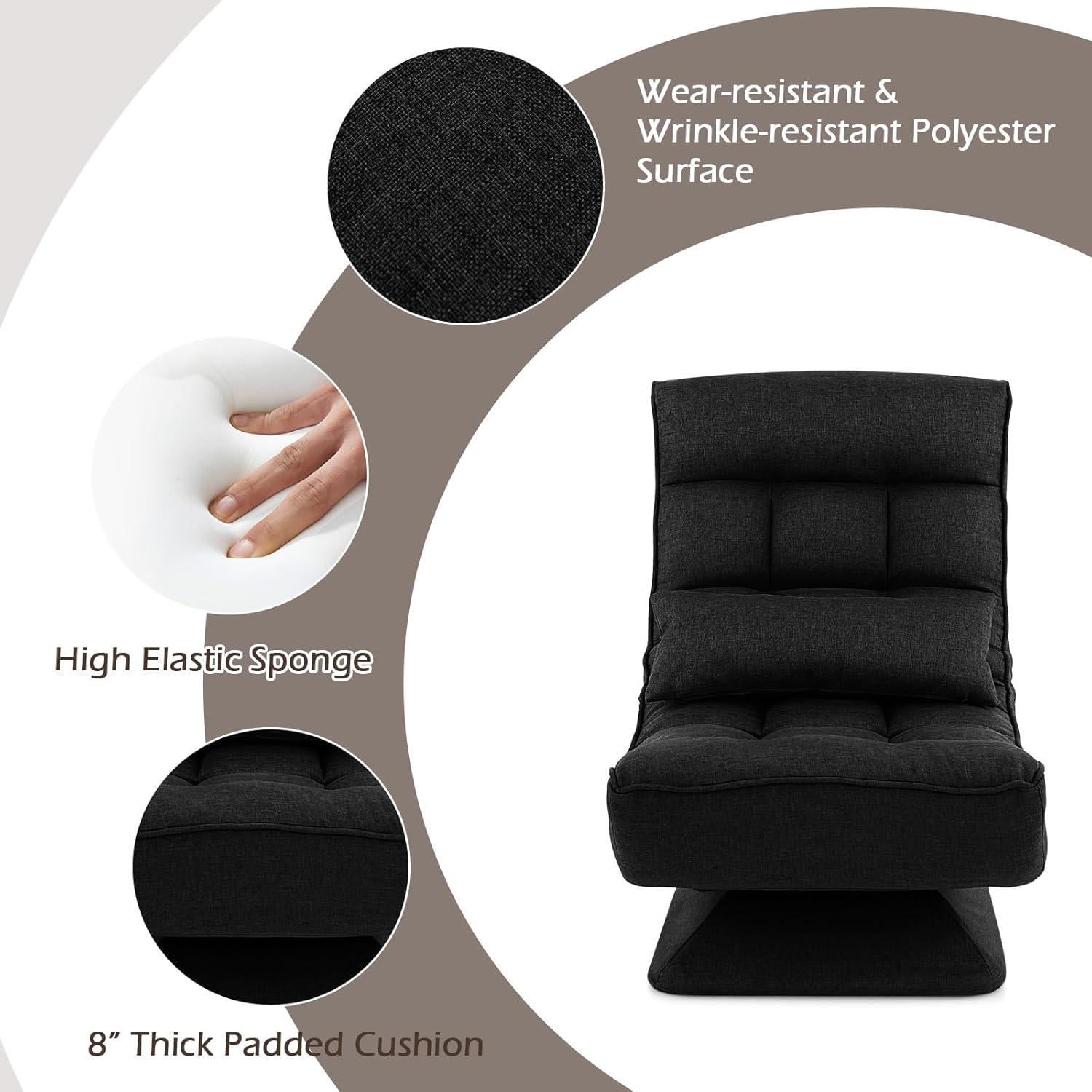 image:imageGiantex Adjustable Swivel Floor Chair 5 Position Video Game Chair with Swivel Base Steel Frame Massage Lumbar Pillow Foldable Lazy Sofa Lounger for Adults Teens Meditating No Assembly BlackBlack