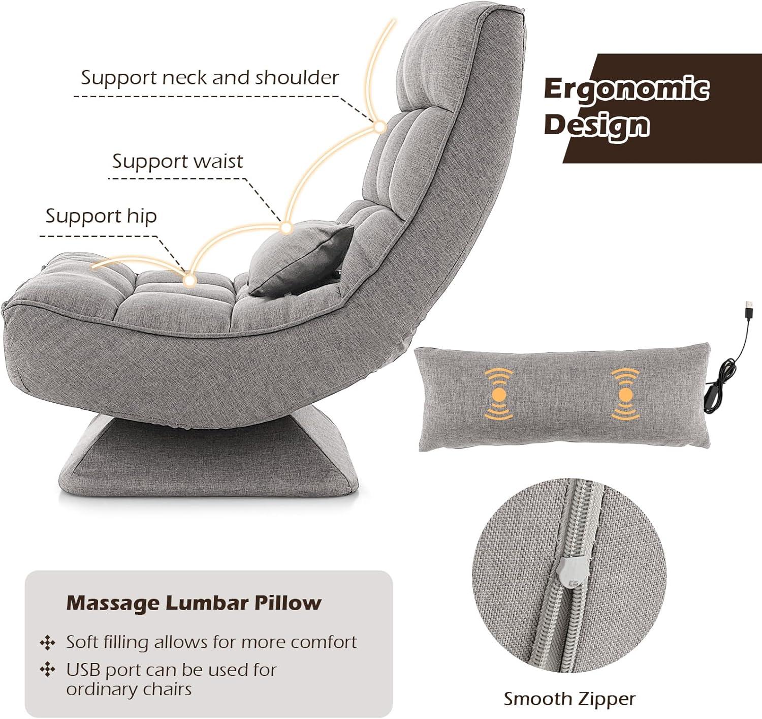 image:imageGiantex Adjustable Swivel Floor Chair 5 Position Video Game Chair with Swivel Base Steel Frame Massage Lumbar Pillow Foldable Lazy Sofa Lounger for Adults Teens Meditating No Assembly BlackGrey