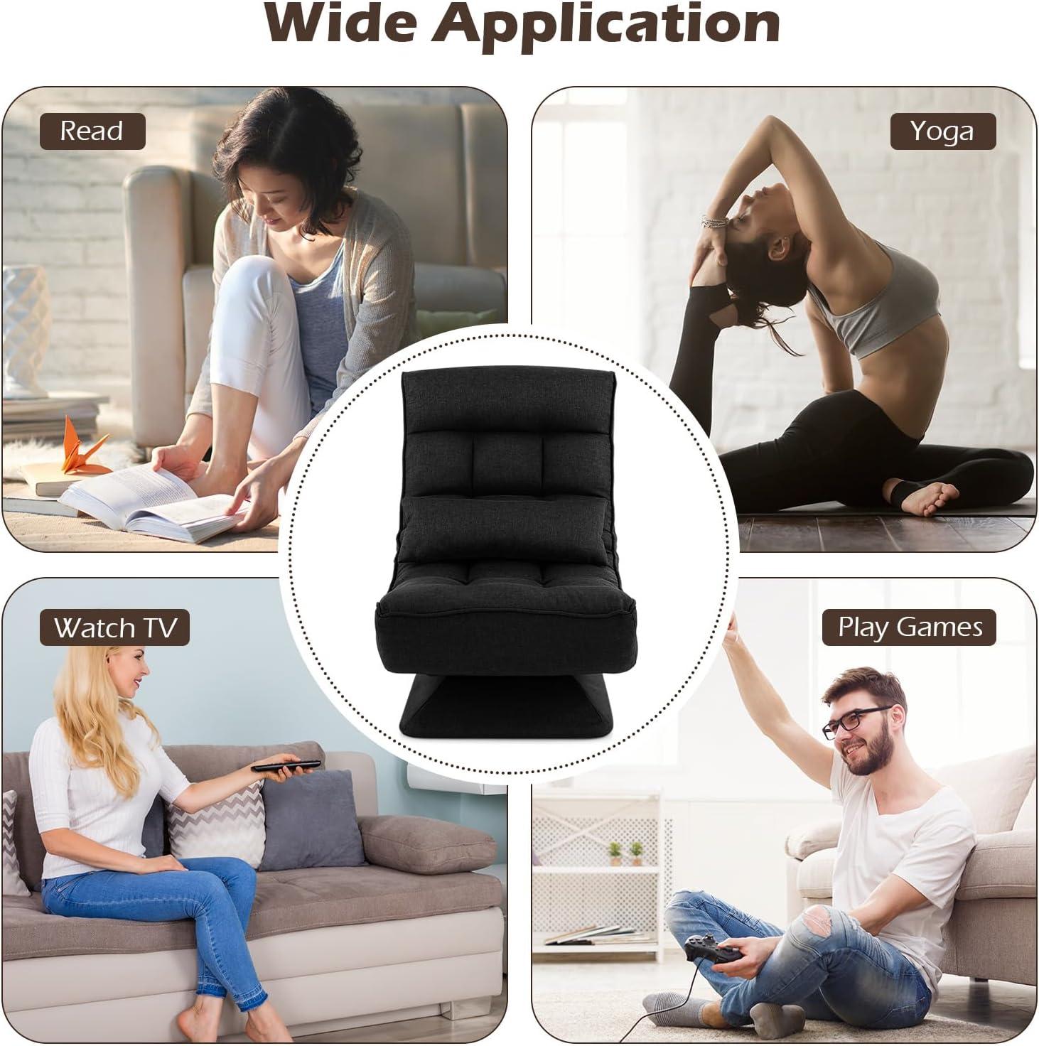 image:imageGiantex Adjustable Swivel Floor Chair 5 Position Video Game Chair with Swivel Base Steel Frame Massage Lumbar Pillow Foldable Lazy Sofa Lounger for Adults Teens Meditating No Assembly BlackBlack
