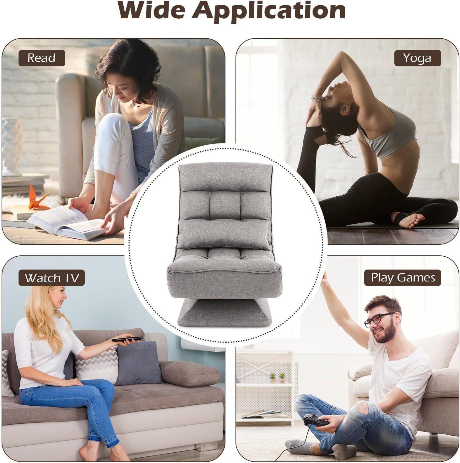 image:imageGiantex Adjustable Swivel Floor Chair 5 Position Video Game Chair with Swivel Base Steel Frame Massage Lumbar Pillow Foldable Lazy Sofa Lounger for Adults Teens Meditating No Assembly BlackGrey