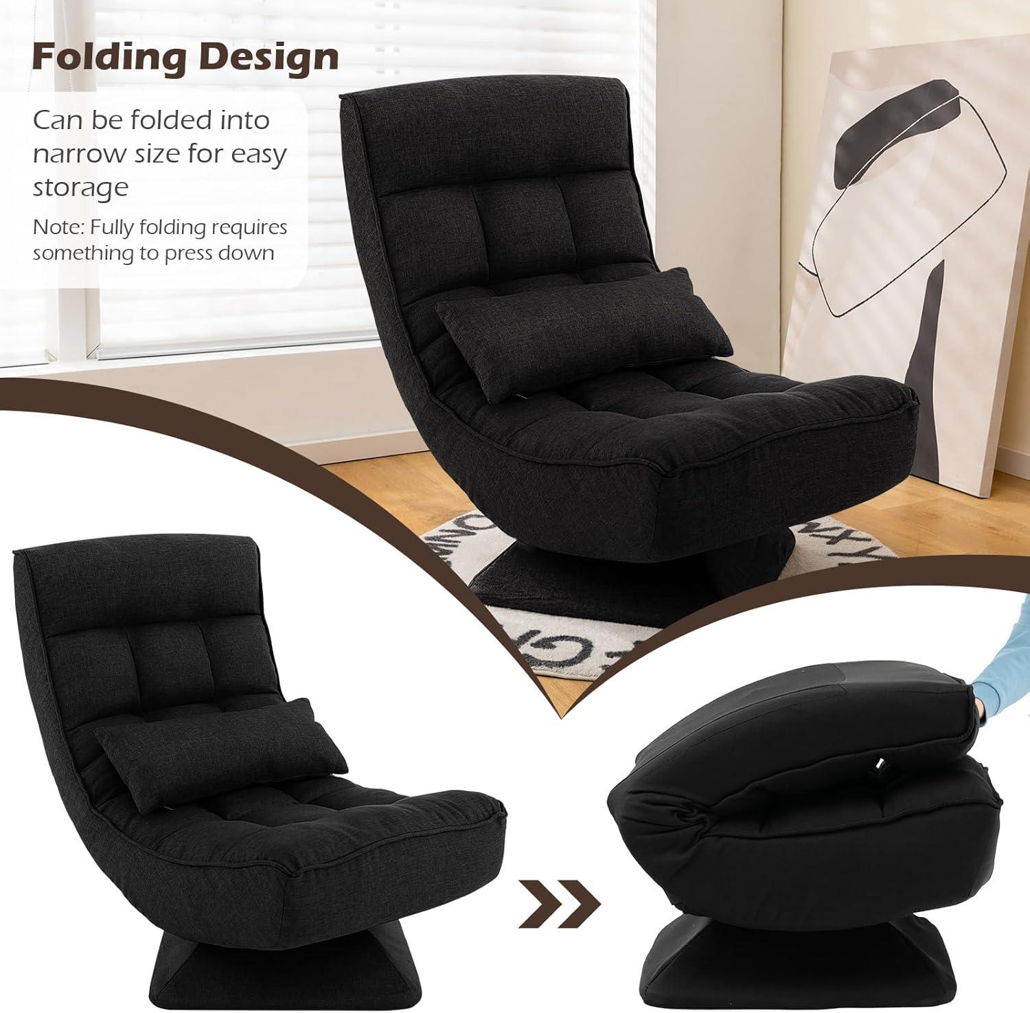 image:imageGiantex Adjustable Swivel Floor Chair 5 Position Video Game Chair with Swivel Base Steel Frame Massage Lumbar Pillow Foldable Lazy Sofa Lounger for Adults Teens Meditating No Assembly BlackBlack