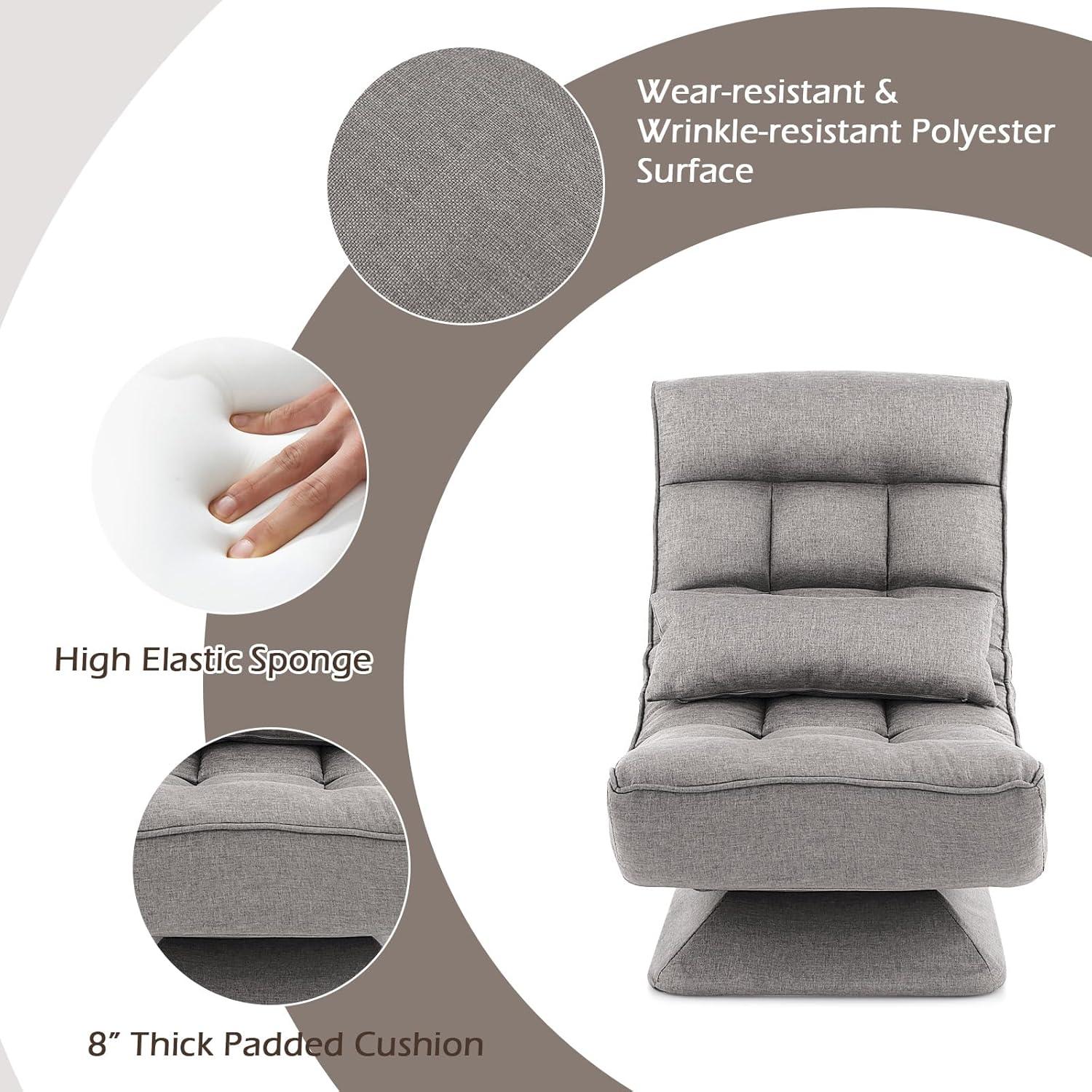 image:imageGiantex Adjustable Swivel Floor Chair 5 Position Video Game Chair with Swivel Base Steel Frame Massage Lumbar Pillow Foldable Lazy Sofa Lounger for Adults Teens Meditating No Assembly BlackGrey