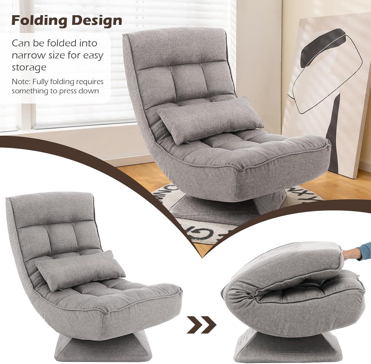 image:imageGiantex Adjustable Swivel Floor Chair 5 Position Video Game Chair with Swivel Base Steel Frame Massage Lumbar Pillow Foldable Lazy Sofa Lounger for Adults Teens Meditating No Assembly BlackGrey