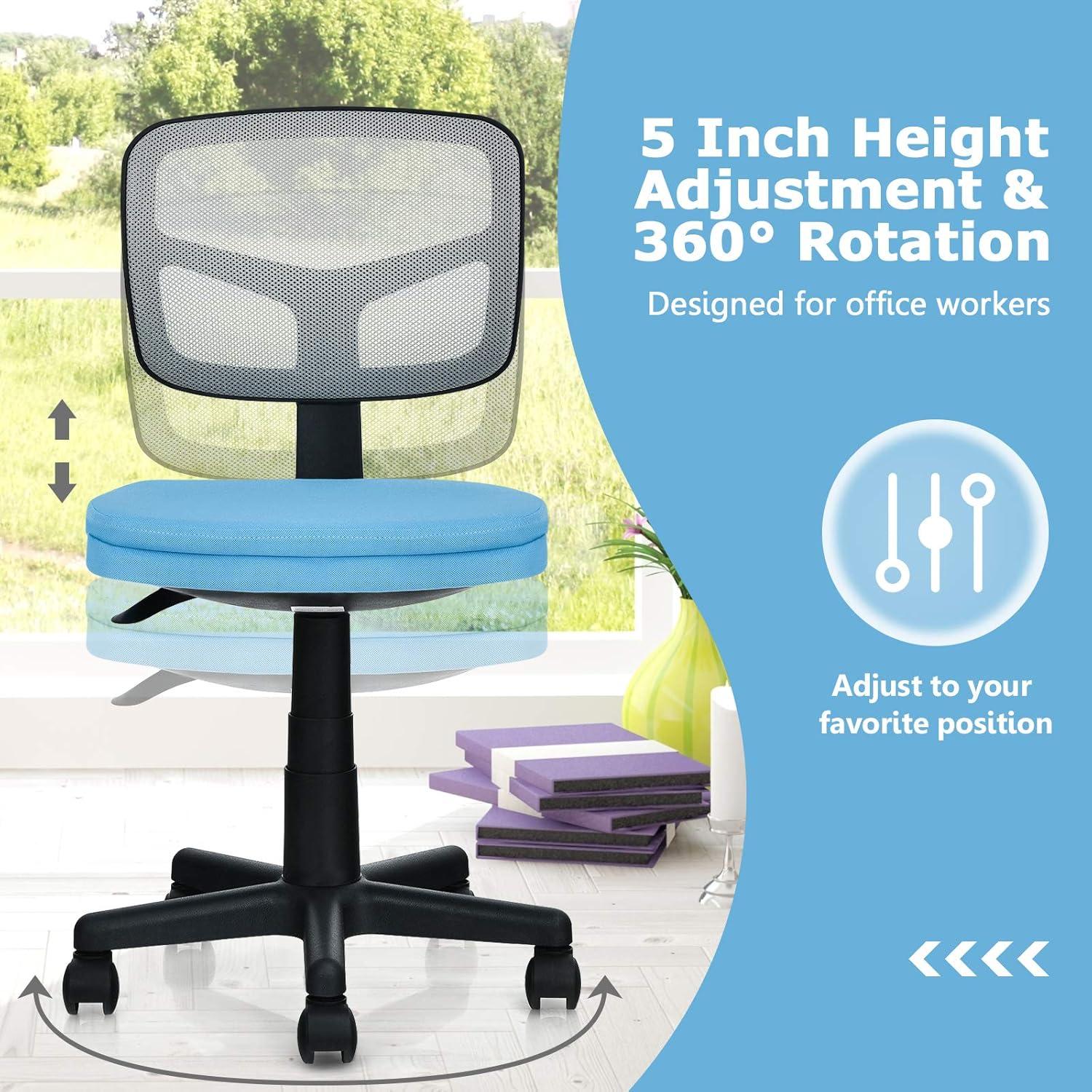 image:imageGiantex Armless Desk Chair LowBack Computer Chair Ergonomic Small Task Chair with Adjustable Height YShaped Support for Adults Teens Kids 360 Swivel Office Chair BlueBlue