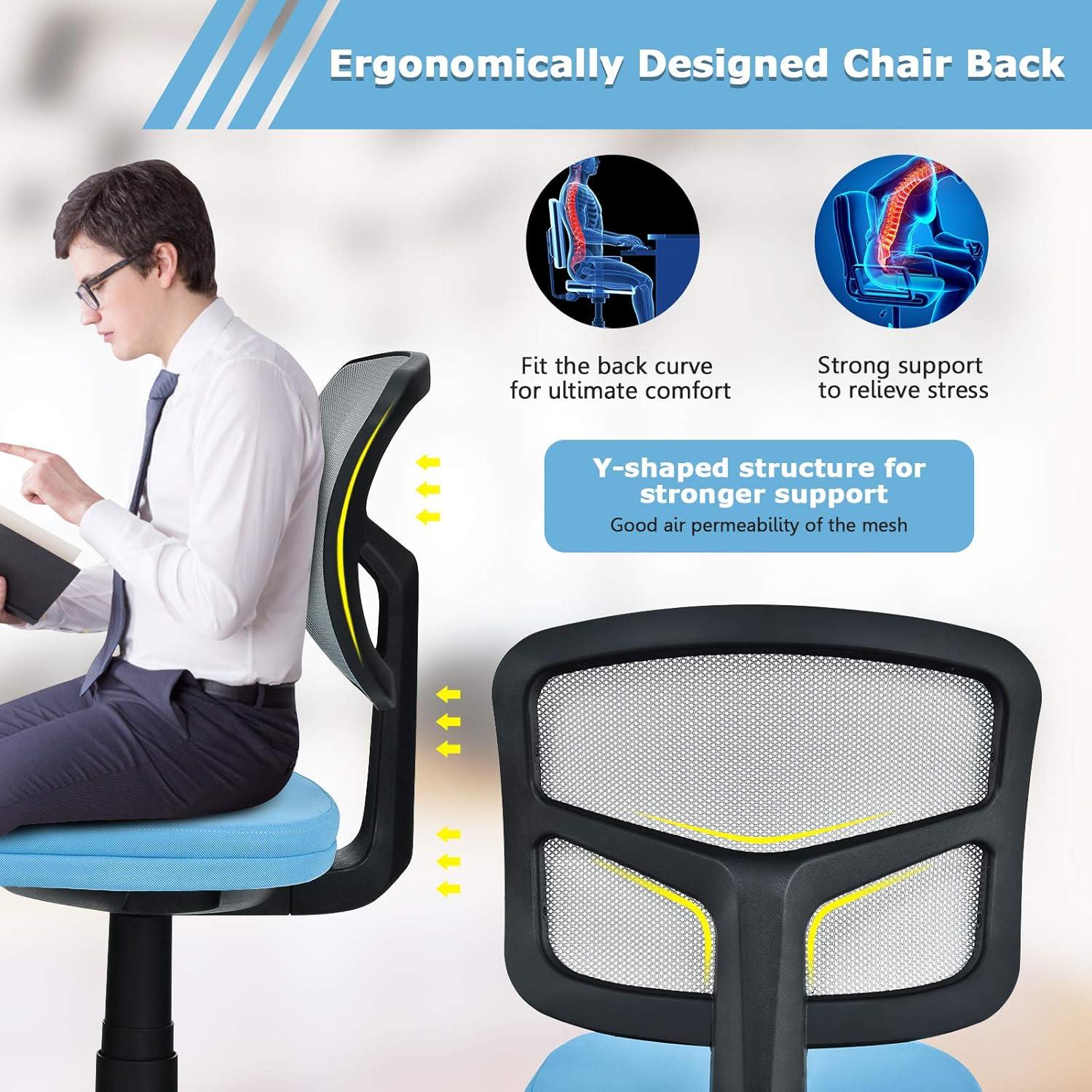 image:imageGiantex Armless Desk Chair LowBack Computer Chair Ergonomic Small Task Chair with Adjustable Height YShaped Support for Adults Teens Kids 360 Swivel Office Chair BlueBlue