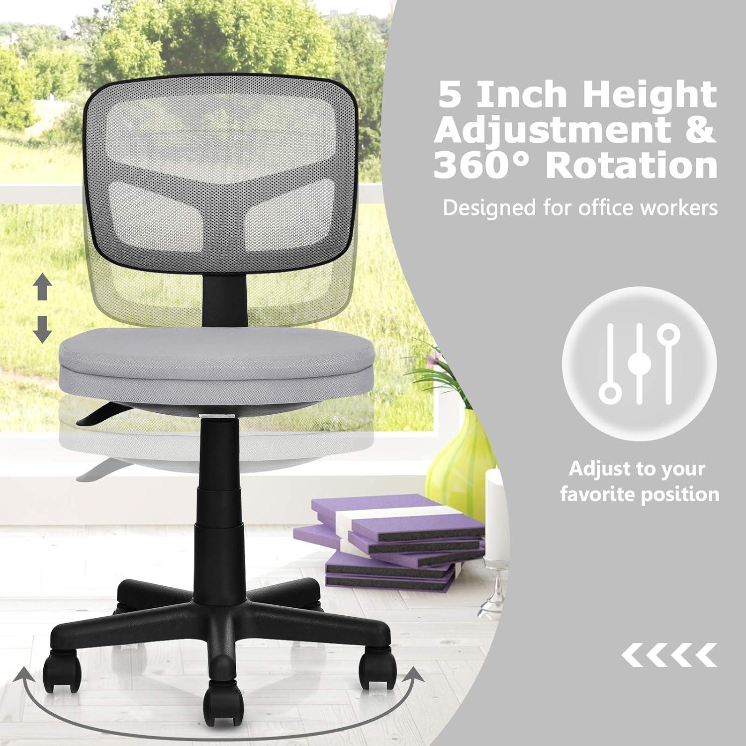 image:imageGiantex Armless Desk Chair LowBack Computer Chair Ergonomic Small Task Chair with Adjustable Height YShaped Support for Adults Teens Kids 360 Swivel Office Chair BlueGrey