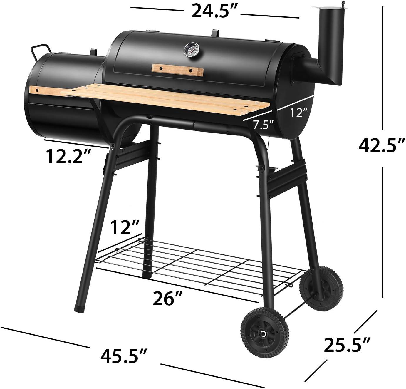 image:imageGiantex BBQ Charcoal Grill with Offset Smoker Thermometer and Adjustable Damper Meat Cooker Smoker for Backyard Family Gathering and Outdoor Picnic 2 Moveable Wheels 2 Shelves and Wooden Handles