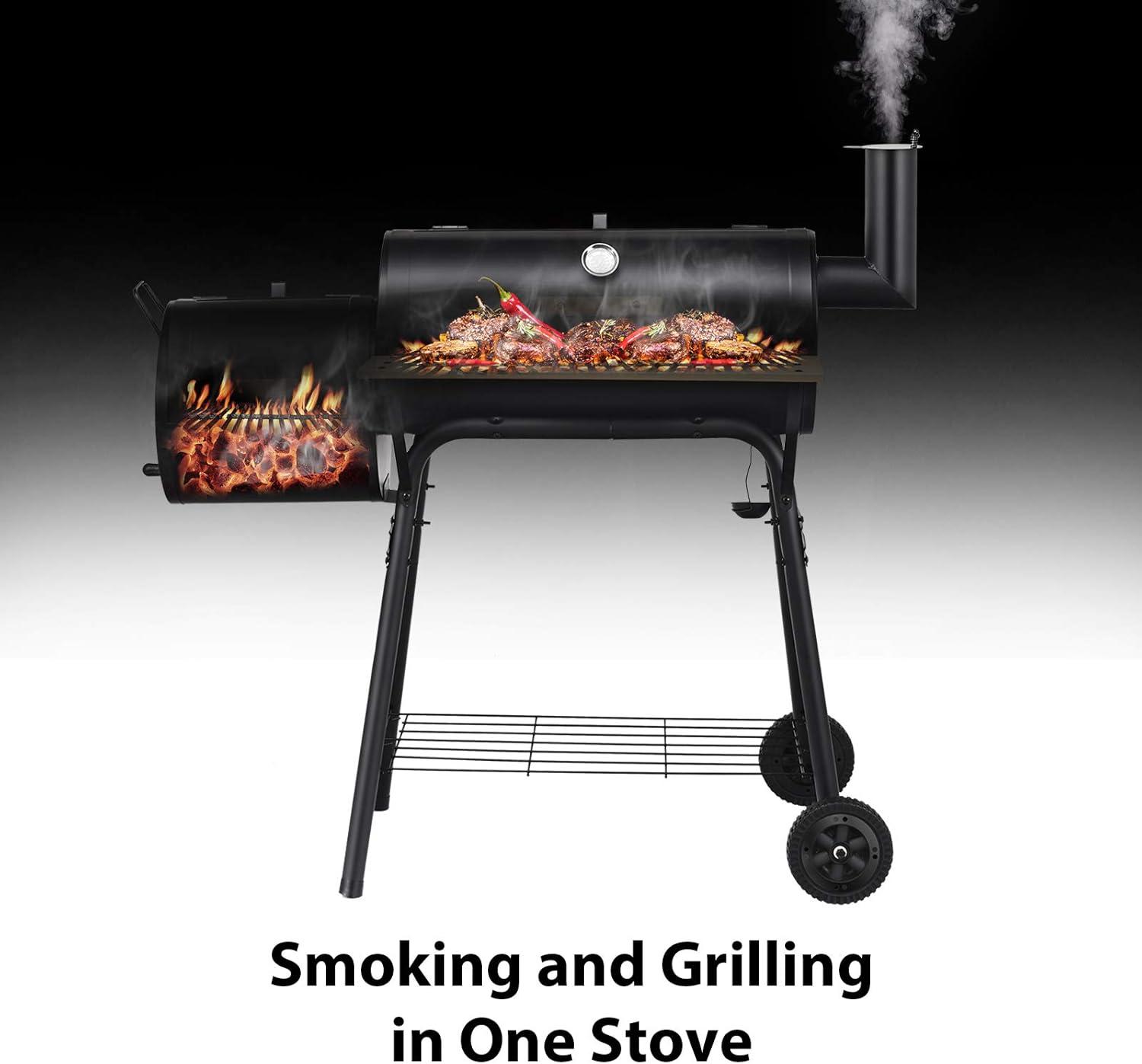 image:imageGiantex BBQ Charcoal Grill with Offset Smoker Thermometer and Adjustable Damper Meat Cooker Smoker for Backyard Family Gathering and Outdoor Picnic 2 Moveable Wheels 2 Shelves and Wooden Handles