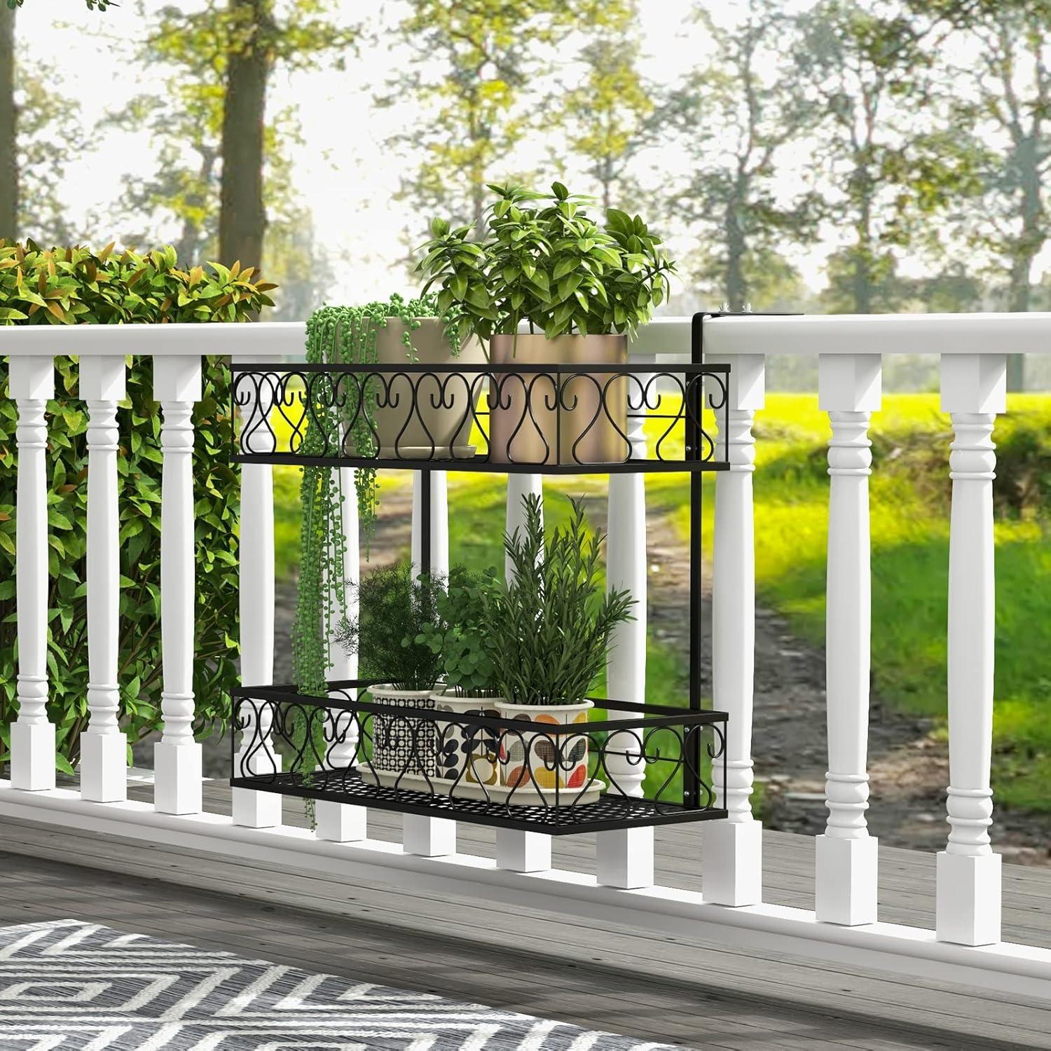 image:imageGiantex Balcony Flower Pot Stand Rack w Adjustable Hooks amp 2 Planter Baskets Patio Railing Shelf Plant Pots Holder Metal Hanging Planter for Outdoor Windows Porch Fence