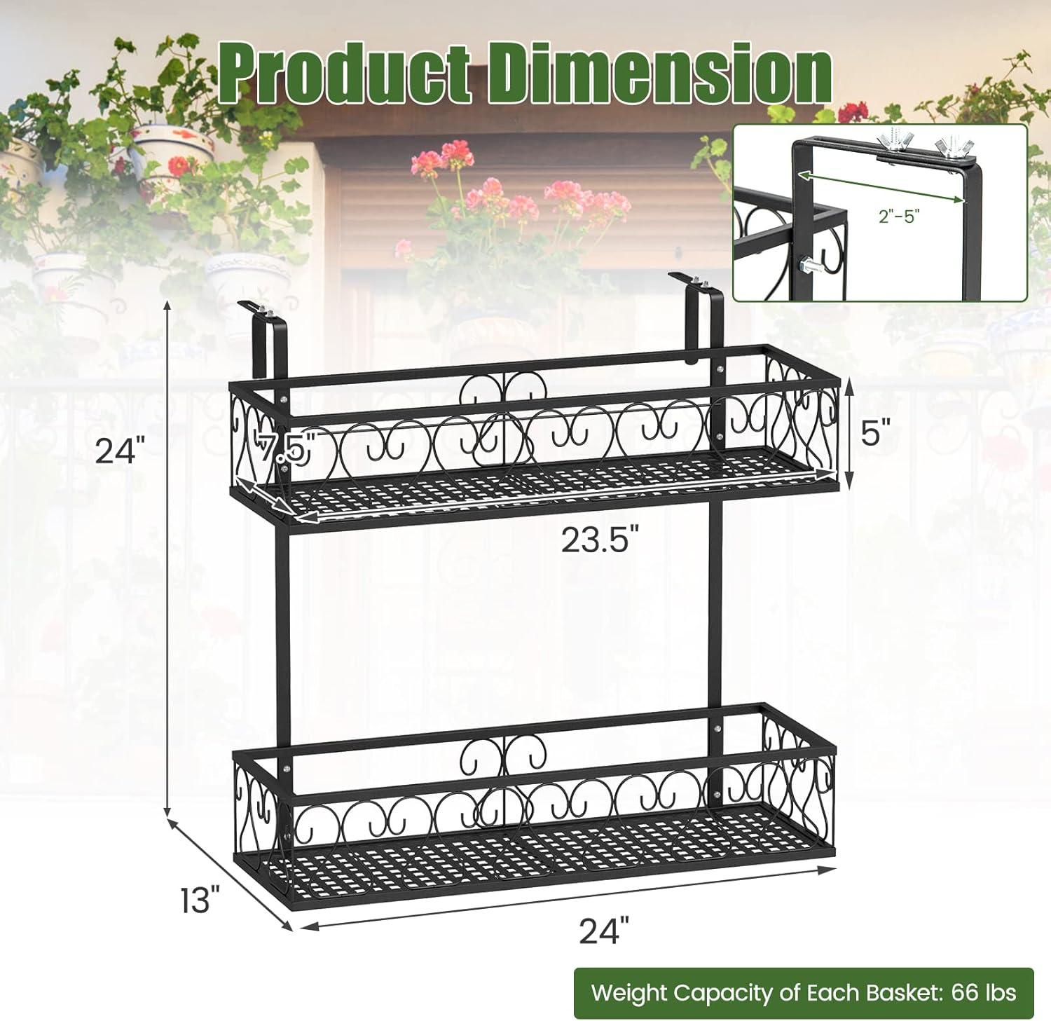 image:imageGiantex Balcony Flower Pot Stand Rack w Adjustable Hooks amp 2 Planter Baskets Patio Railing Shelf Plant Pots Holder Metal Hanging Planter for Outdoor Windows Porch Fence