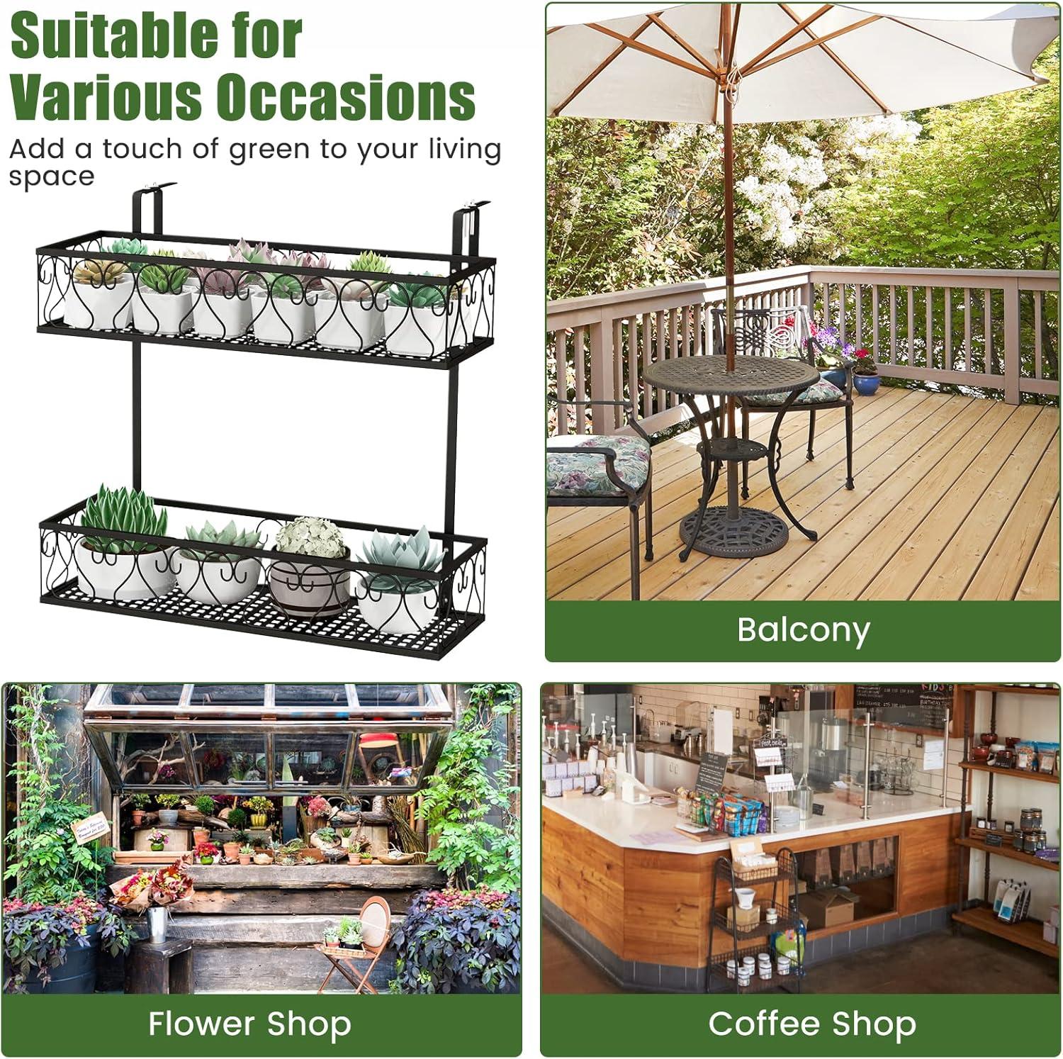 image:imageGiantex Balcony Flower Pot Stand Rack w Adjustable Hooks amp 2 Planter Baskets Patio Railing Shelf Plant Pots Holder Metal Hanging Planter for Outdoor Windows Porch Fence