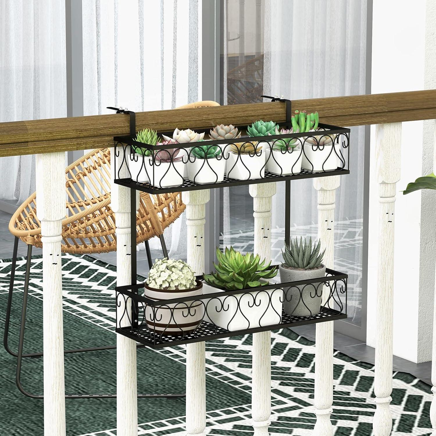 image:imageGiantex Balcony Flower Pot Stand Rack w Adjustable Hooks amp 2 Planter Baskets Patio Railing Shelf Plant Pots Holder Metal Hanging Planter for Outdoor Windows Porch Fence