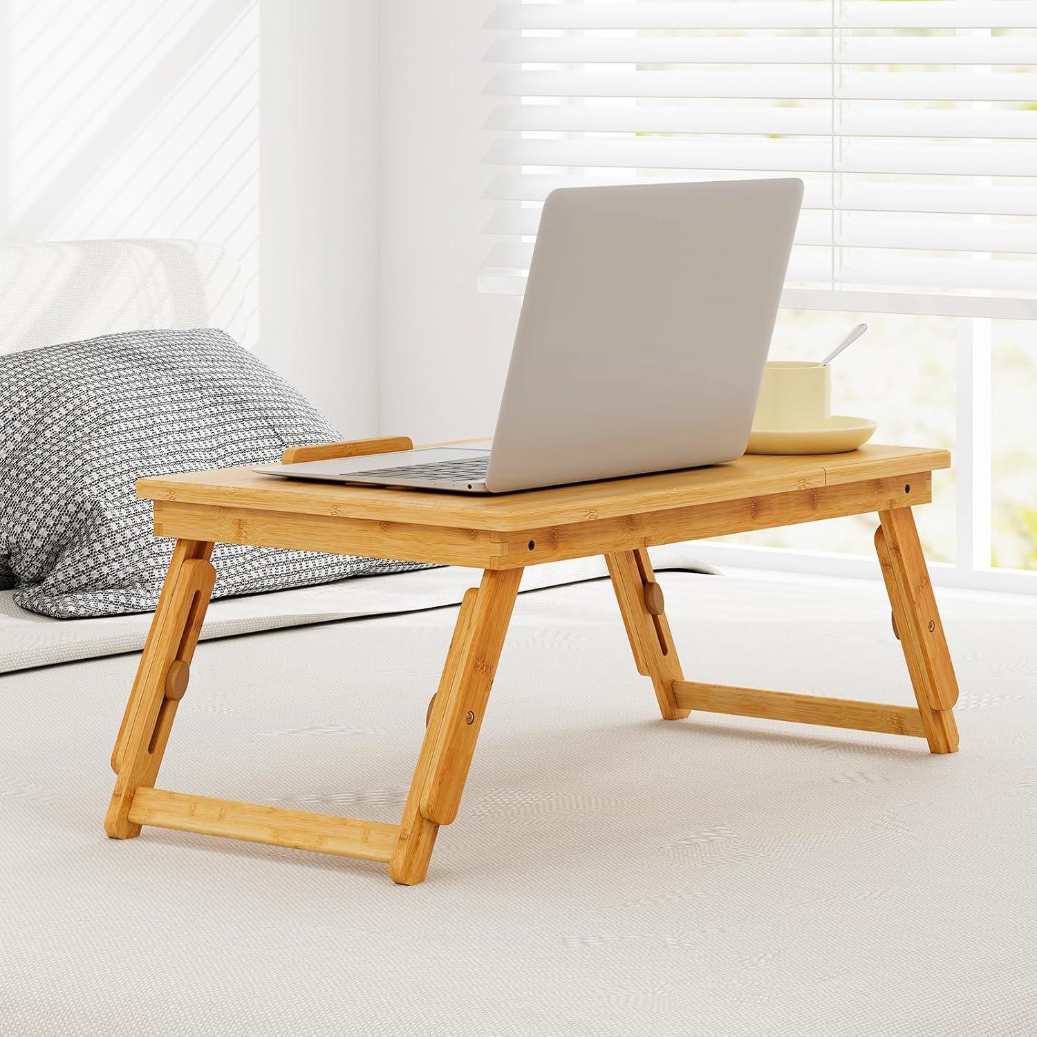 image:imageGiantex Bamboo Laptop Desk for Bed Adjustable Serving Tray Breakfast Table with Tilting Desktop Folding Lap Tray with Removable Stopper Cooling Holes amp Small Side Drawer BlackNatural