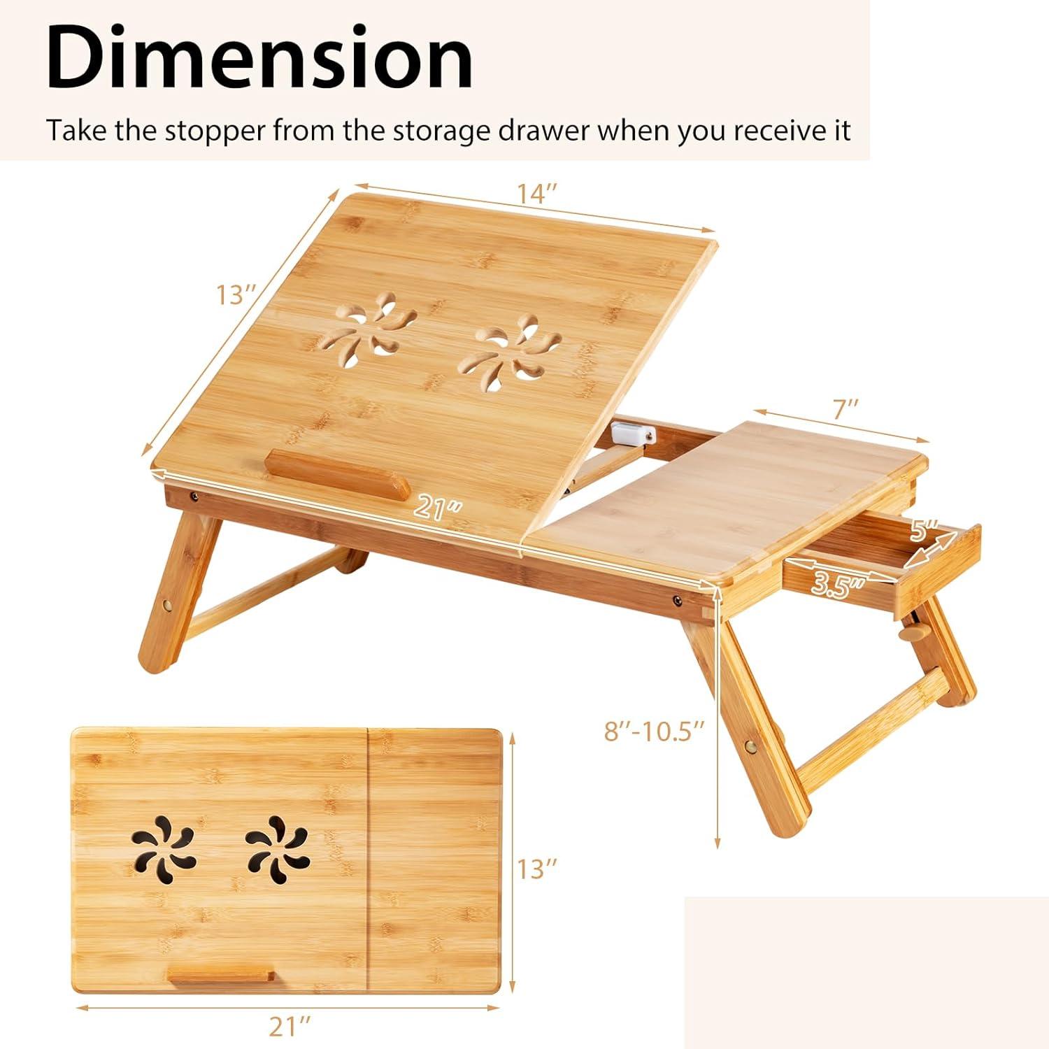 image:imageGiantex Bamboo Laptop Desk for Bed Adjustable Serving Tray Breakfast Table with Tilting Desktop Folding Lap Tray with Removable Stopper Cooling Holes amp Small Side Drawer BlackNatural