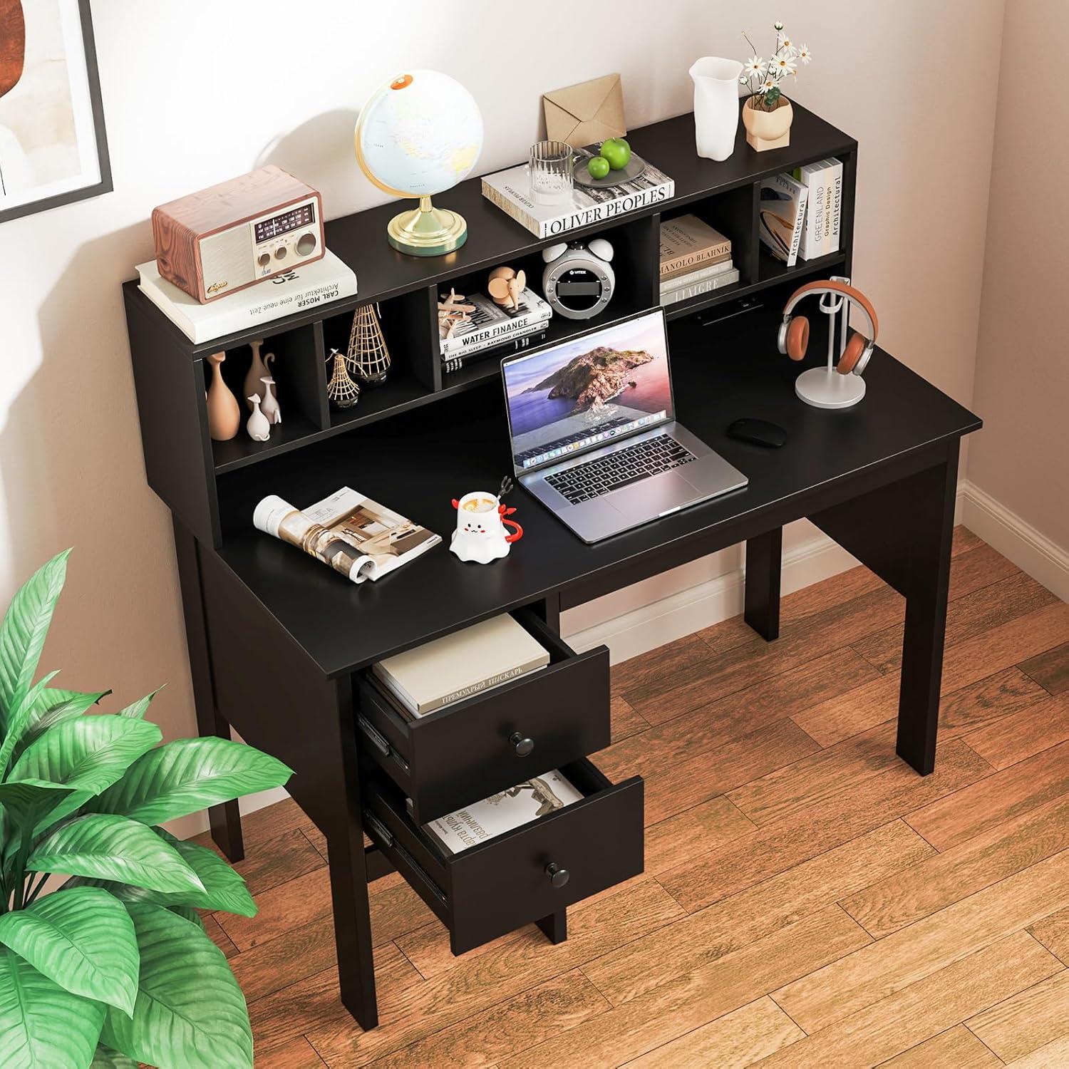 image:imageGiantex Black Desk with Drawers amp Hutch Home Office Desk with Charging Station 5 Storage Cubbies Makeup Vanity Table Modern Study Writing Desk PC Laptop Desks Computer Workstation for BedroomBlack