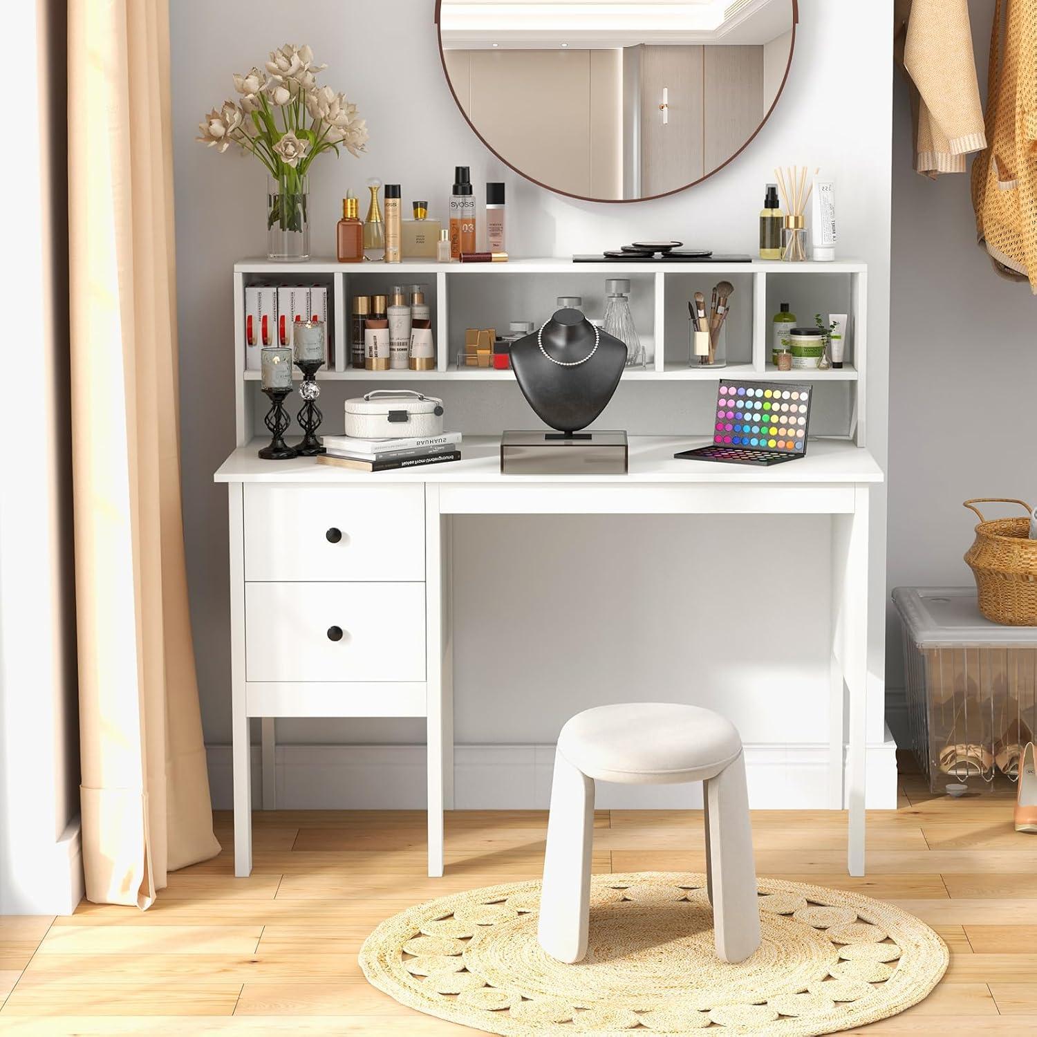 image:imageGiantex Black Desk with Drawers amp Hutch Home Office Desk with Charging Station 5 Storage Cubbies Makeup Vanity Table Modern Study Writing Desk PC Laptop Desks Computer Workstation for BedroomWhite