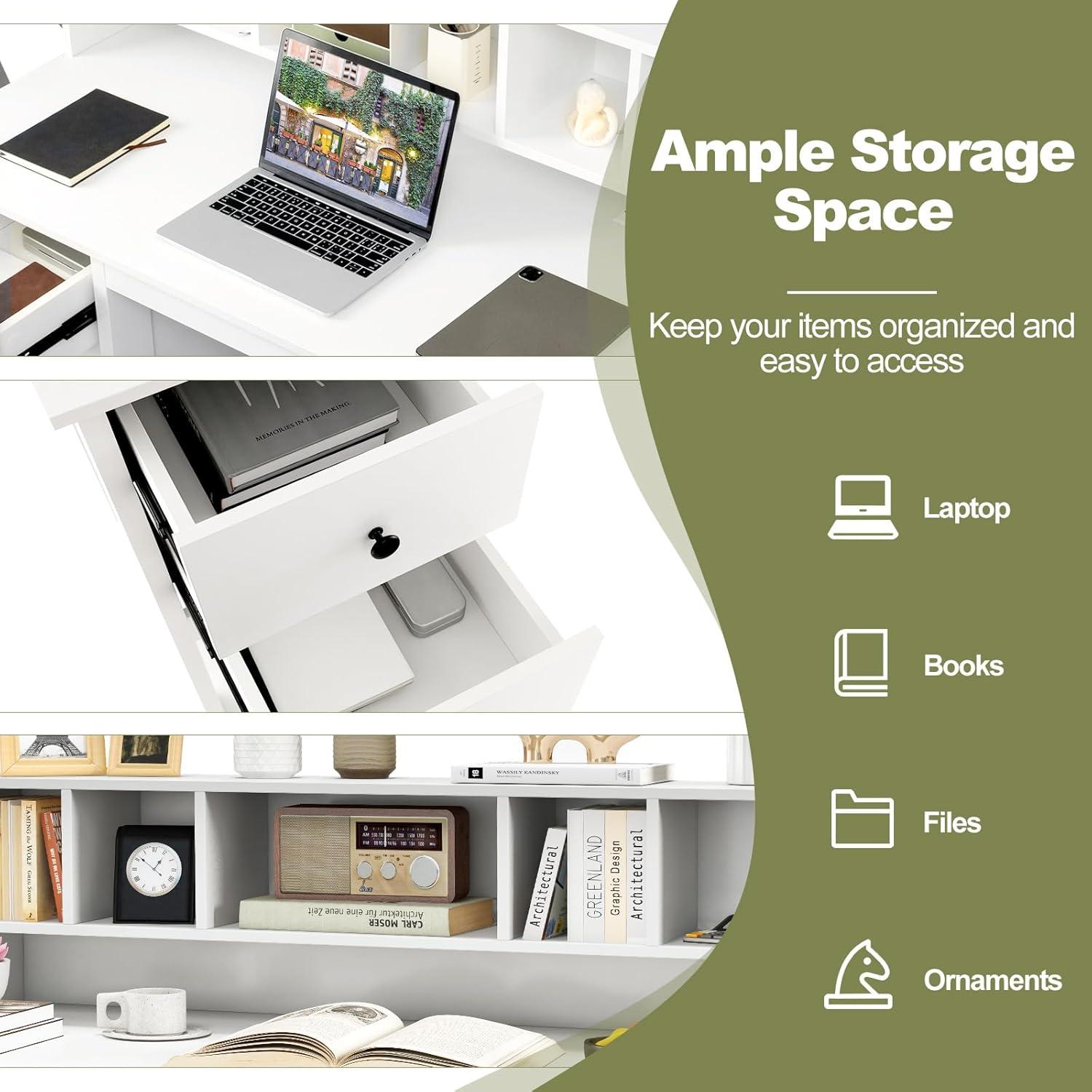 image:imageGiantex Black Desk with Drawers amp Hutch Home Office Desk with Charging Station 5 Storage Cubbies Makeup Vanity Table Modern Study Writing Desk PC Laptop Desks Computer Workstation for BedroomWhite