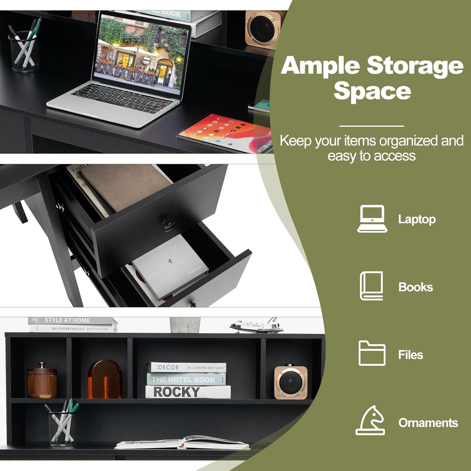 image:imageGiantex Black Desk with Drawers amp Hutch Home Office Desk with Charging Station 5 Storage Cubbies Makeup Vanity Table Modern Study Writing Desk PC Laptop Desks Computer Workstation for BedroomBlack