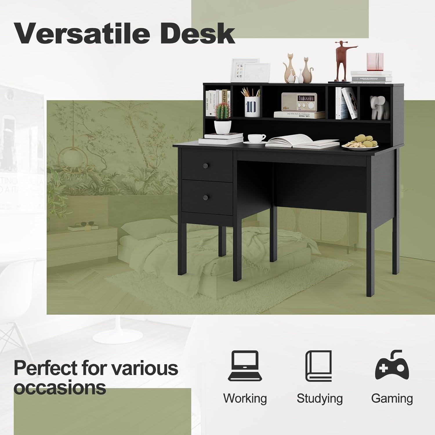 image:imageGiantex Black Desk with Drawers amp Hutch Home Office Desk with Charging Station 5 Storage Cubbies Makeup Vanity Table Modern Study Writing Desk PC Laptop Desks Computer Workstation for BedroomBlack