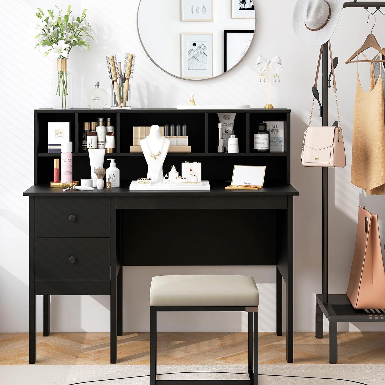 image:imageGiantex Black Desk with Drawers amp Hutch Home Office Desk with Charging Station 5 Storage Cubbies Makeup Vanity Table Modern Study Writing Desk PC Laptop Desks Computer Workstation for BedroomBlack