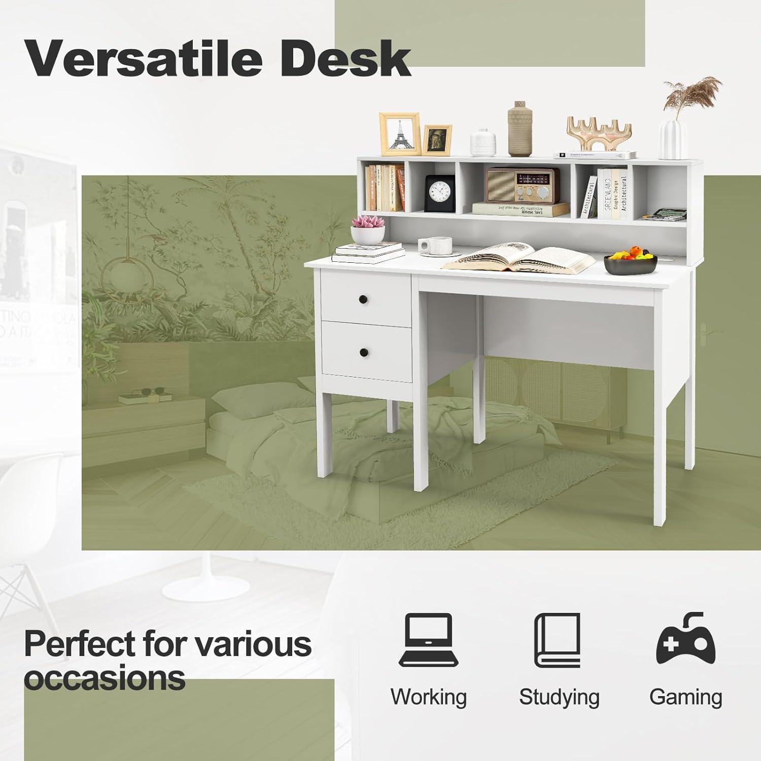 image:imageGiantex Black Desk with Drawers amp Hutch Home Office Desk with Charging Station 5 Storage Cubbies Makeup Vanity Table Modern Study Writing Desk PC Laptop Desks Computer Workstation for BedroomWhite