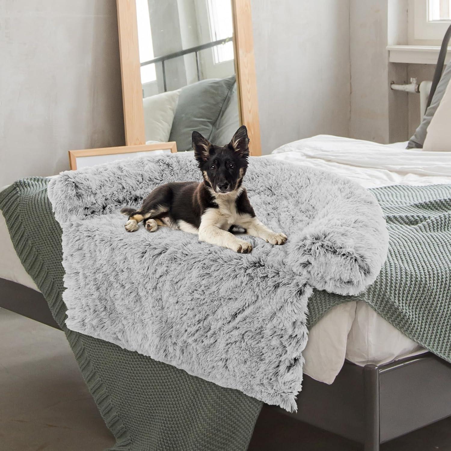 image:imageGiantex Calming Dog Bed Fluffy Plush Pet Bed for Couch Removable Washable Cover Soft Neck Bolster Dog Sofa Bed Furniture Protector Mats for Dogs Cats Light Gray Medium 44 x 40 x 7