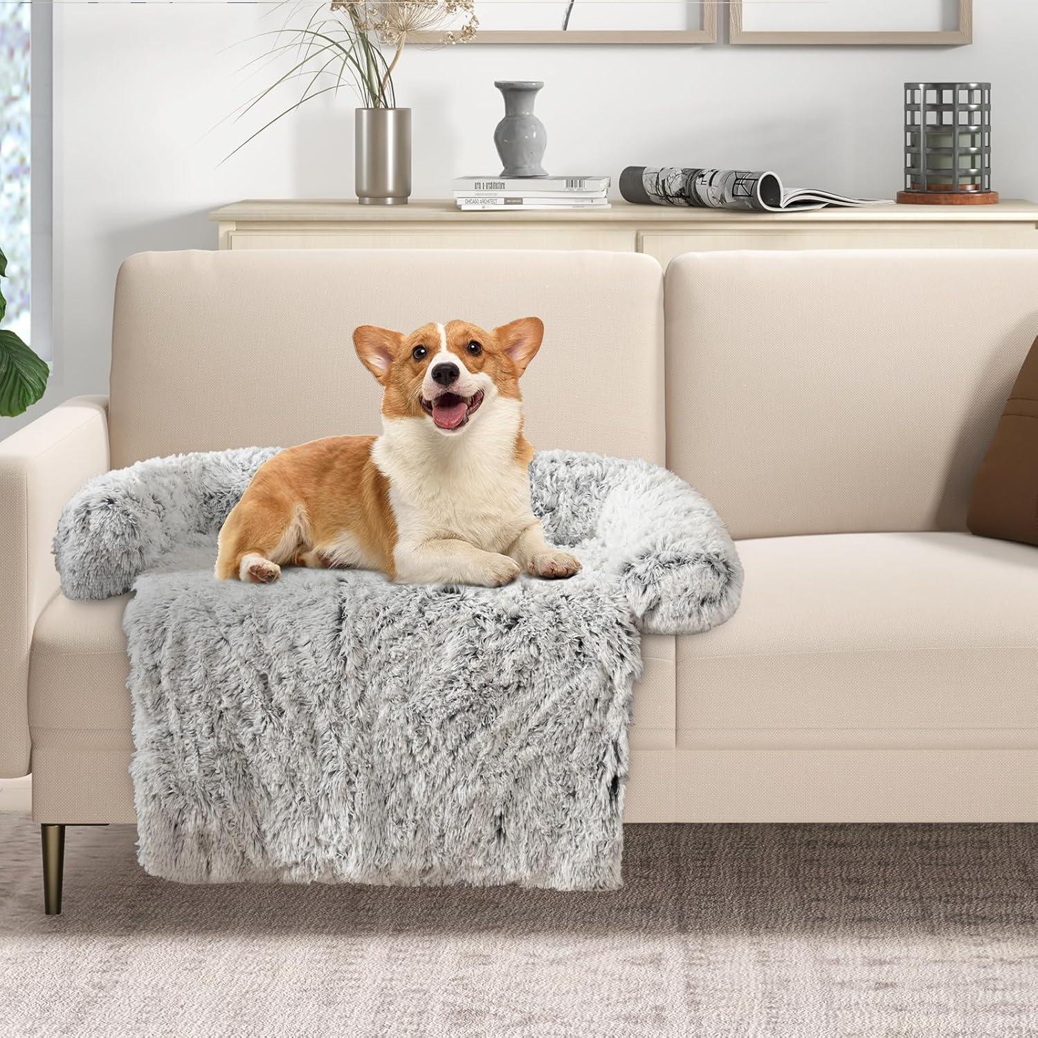 image:imageGiantex Calming Dog Bed Fluffy Plush Pet Bed for Couch Removable Washable Cover Soft Neck Bolster Dog Sofa Bed Furniture Protector Mats for Dogs Cats Light Gray Small 40 x 35 x 65