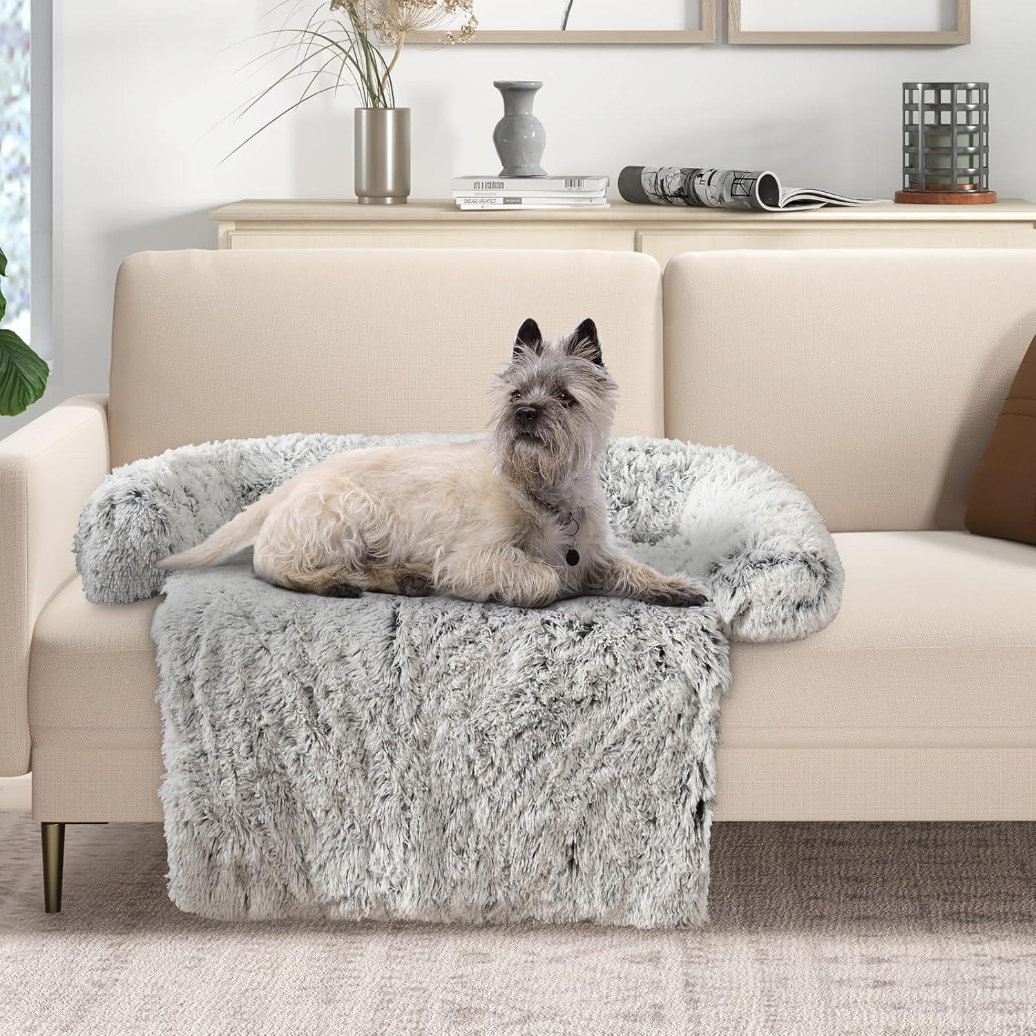 image:imageGiantex Calming Dog Bed Fluffy Plush Pet Bed for Couch Removable Washable Cover Soft Neck Bolster Dog Sofa Bed Furniture Protector Mats for Dogs Cats Light Gray Medium 44 x 40 x 7