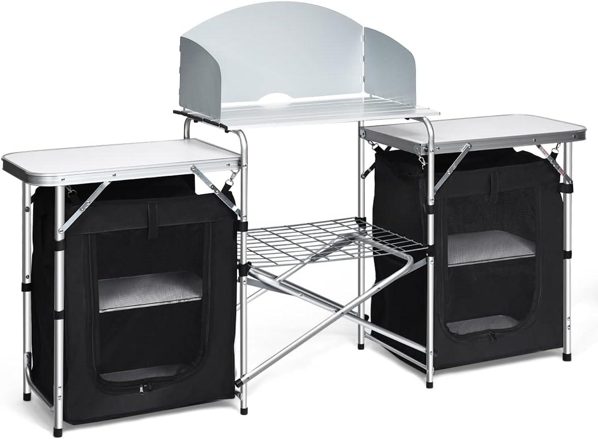 image:imageGiantex Camping Kitchen Station Folding Grill Table with 26 Tabletop 2 Side Tables Storage Organizer Detachable Windscreen Portable Camp Cook Outdoor Prep Station Backyard BBQ Picnic BlackBlack