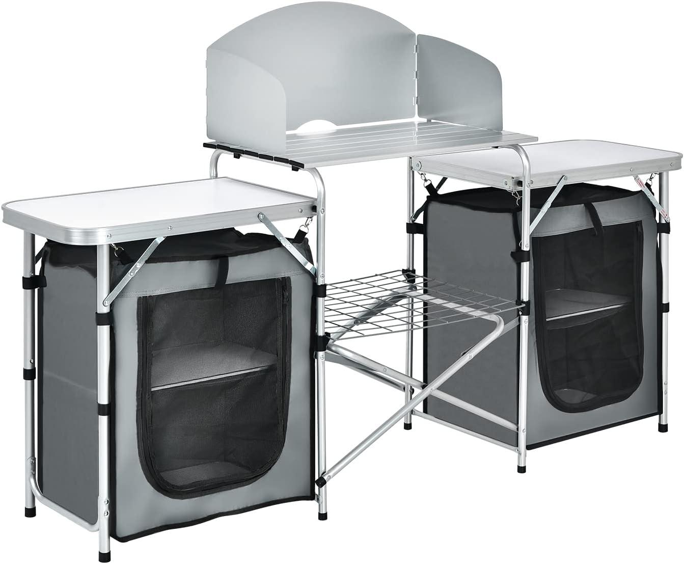 image:imageGiantex Camping Kitchen Station Folding Grill Table with 26 Tabletop 2 Side Tables Storage Organizer Detachable Windscreen Portable Camp Cook Outdoor Prep Station Backyard BBQ Picnic BlackGrey