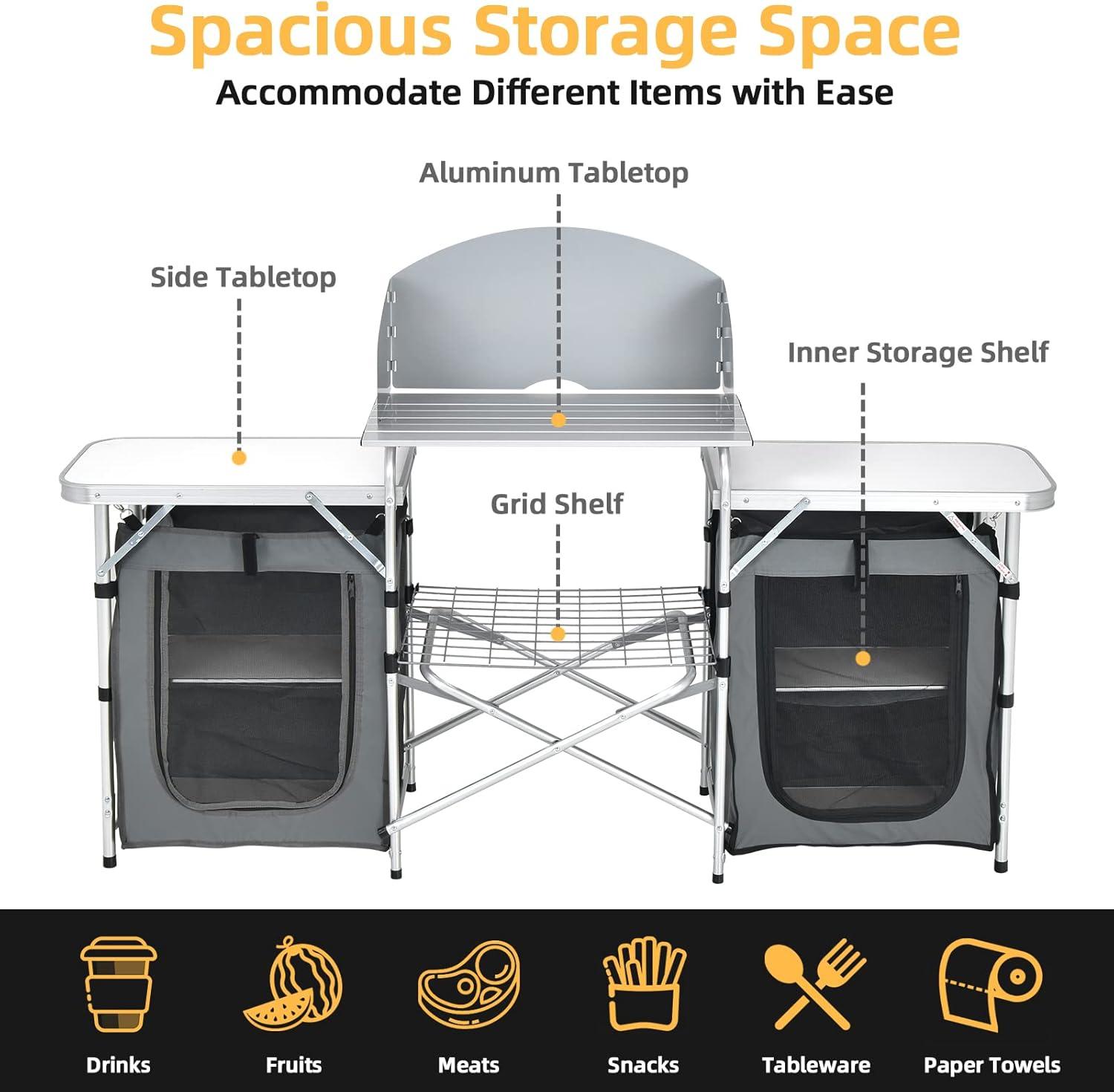 image:imageGiantex Camping Kitchen Station Folding Grill Table with 26 Tabletop 2 Side Tables Storage Organizer Detachable Windscreen Portable Camp Cook Outdoor Prep Station Backyard BBQ Picnic BlackGrey