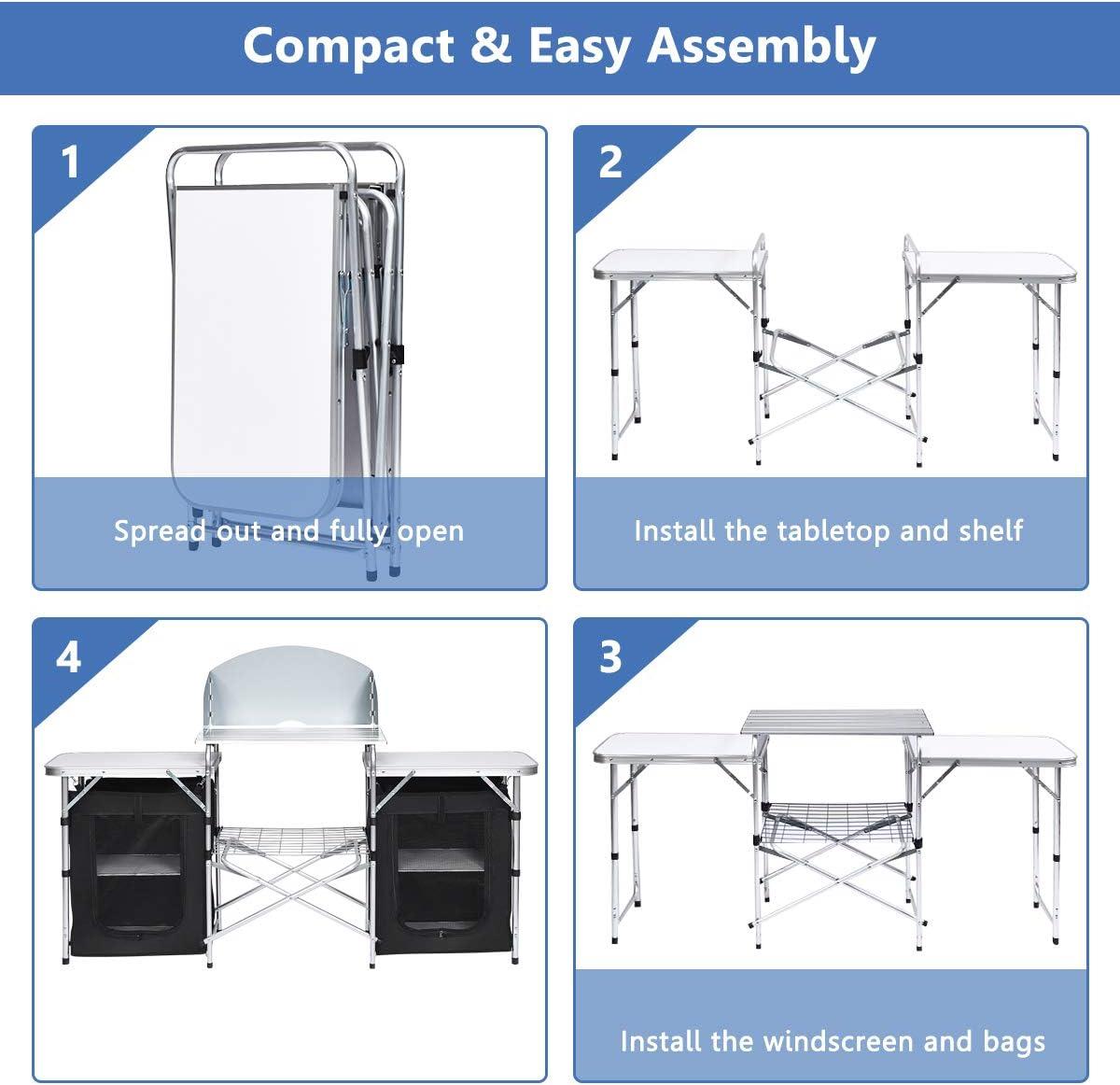 image:imageGiantex Camping Kitchen Station Folding Grill Table with 26 Tabletop 2 Side Tables Storage Organizer Detachable Windscreen Portable Camp Cook Outdoor Prep Station Backyard BBQ Picnic BlackBlack